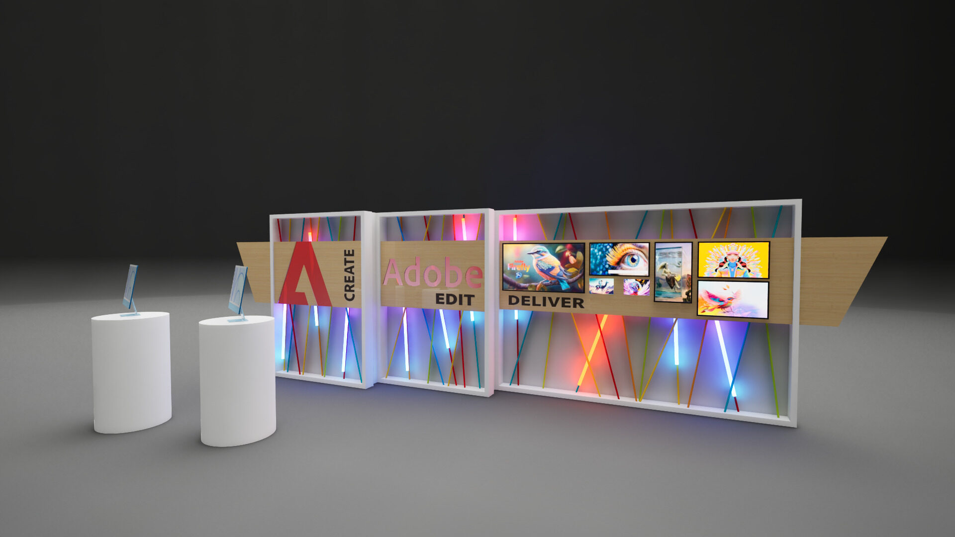 Rendering of the reconfigurable Adobe Firefly activation in perspective, CREATE, DELIVER and EDIT wall panels with colored steel conduit and iMac stations on pedestals