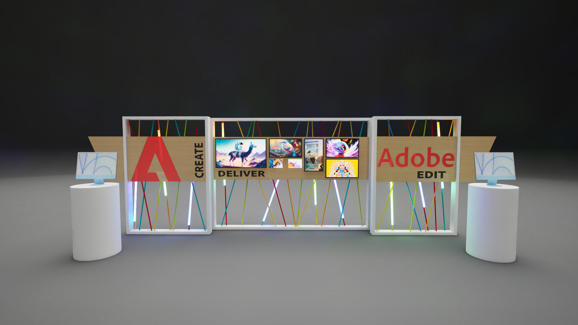Rendering of the three-wall Adobe Firefly activation head-on, CREATE panel with red Adobe A mark, the DELIVER gallery wall at center showing Firefly-generated portraits, and Adobe EDIT panel, two iMac stations on cylindrical pedestals