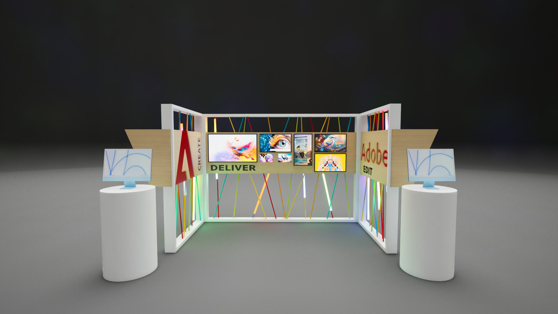 Rendering of the same three walls opened into a U shape, CREATE and Adobe EDIT panels angled inward around the central DELIVER gallery wall