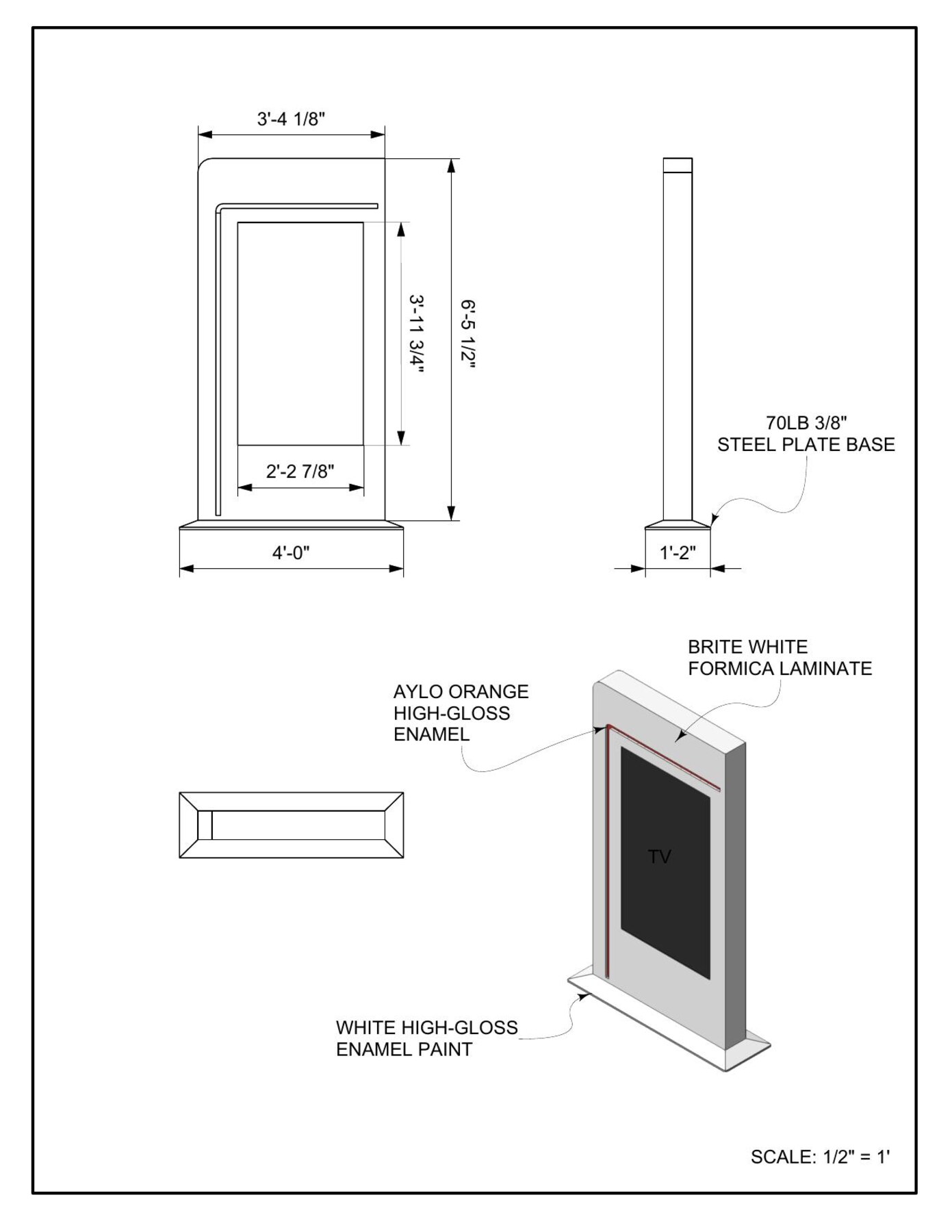 Aylo branded retail fixture drawing: a freestanding TV kiosk with orange enamel and white laminate finishes, elevations and isometric