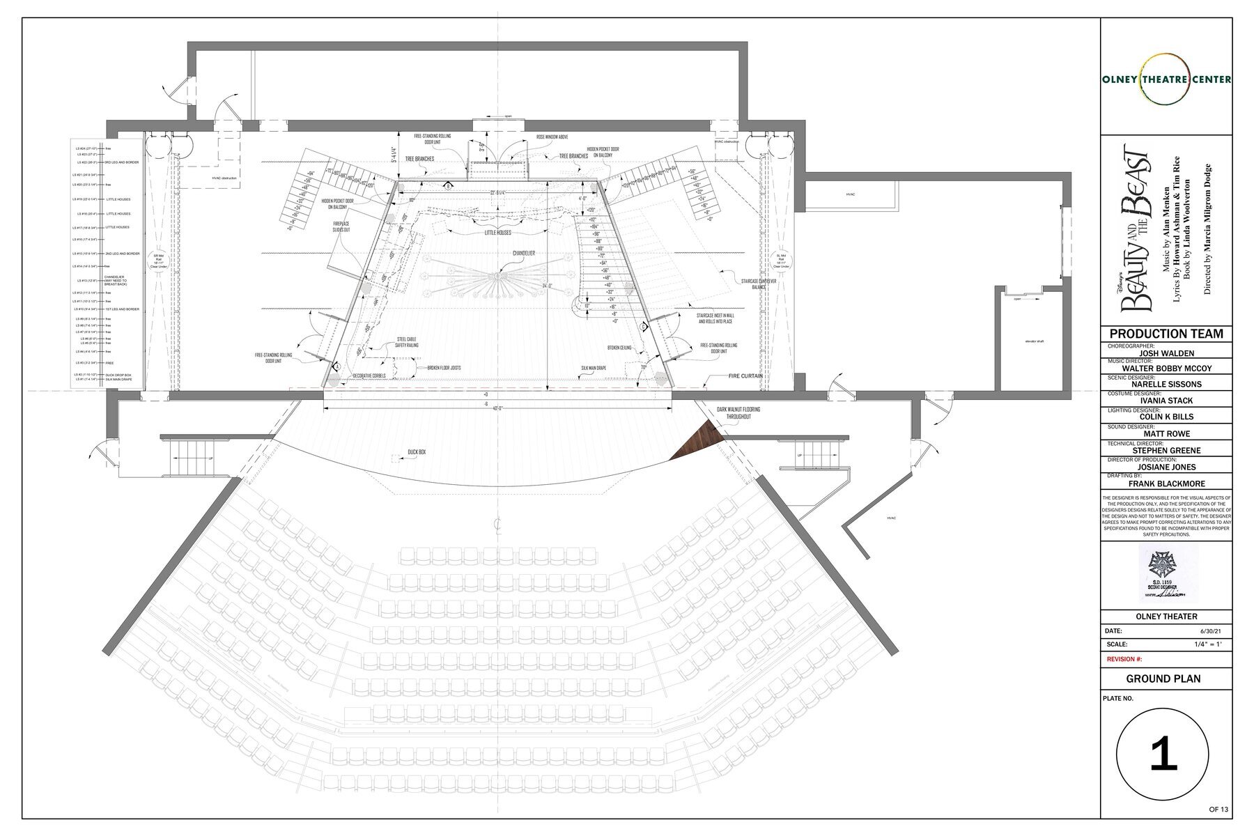 Beauty and the Beast ground plan, Olney Theatre Center, dimensioned and annotated