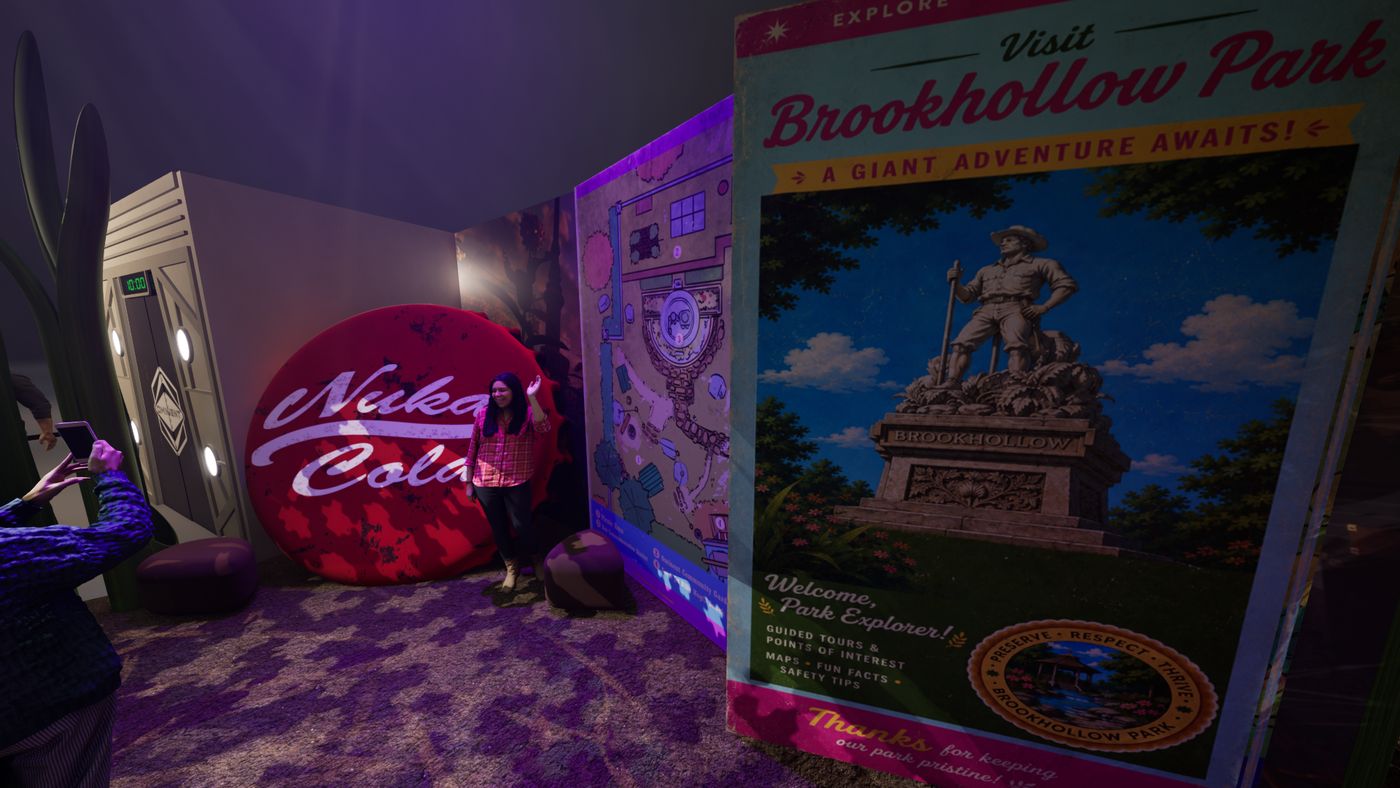 Rendering of the giant Brookhollow Park brochure and an oversized bottle cap used as a photo backdrop