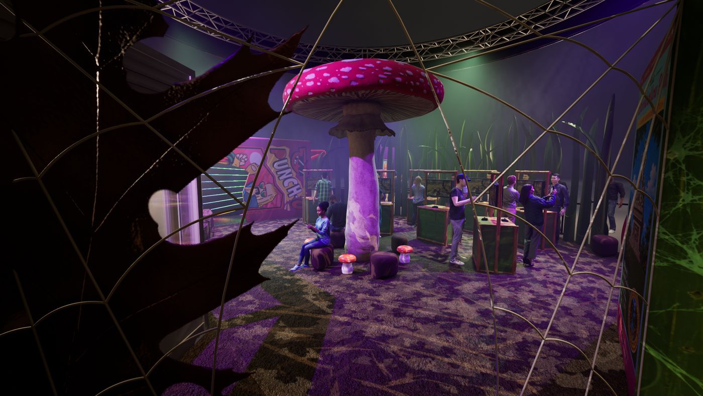 Rendering looking into the clearing through spider webbing toward the lit mushroom