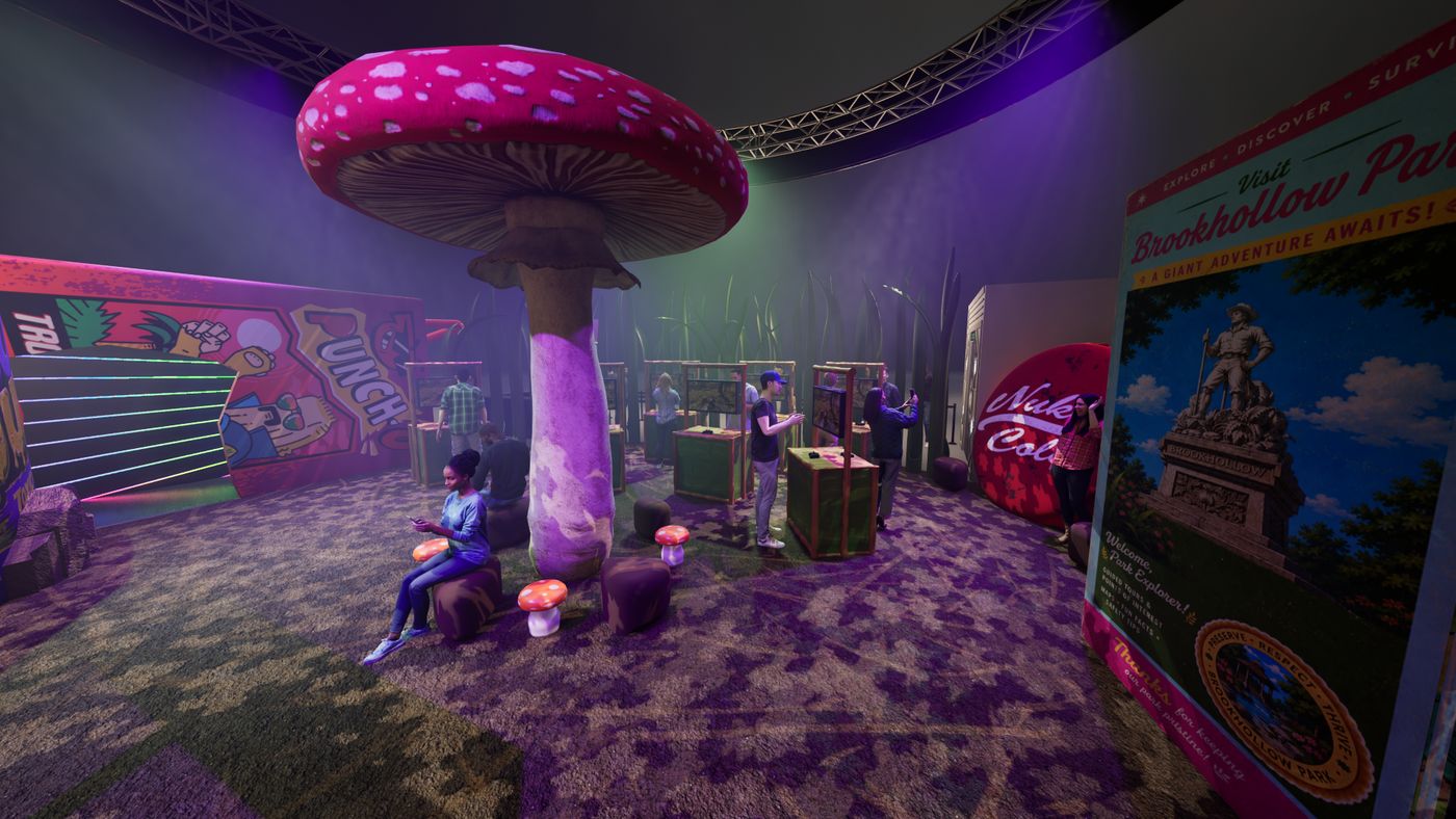 Rendering of the clearing showing the Brookhollow Park brochure and the Punch-O juice box wall