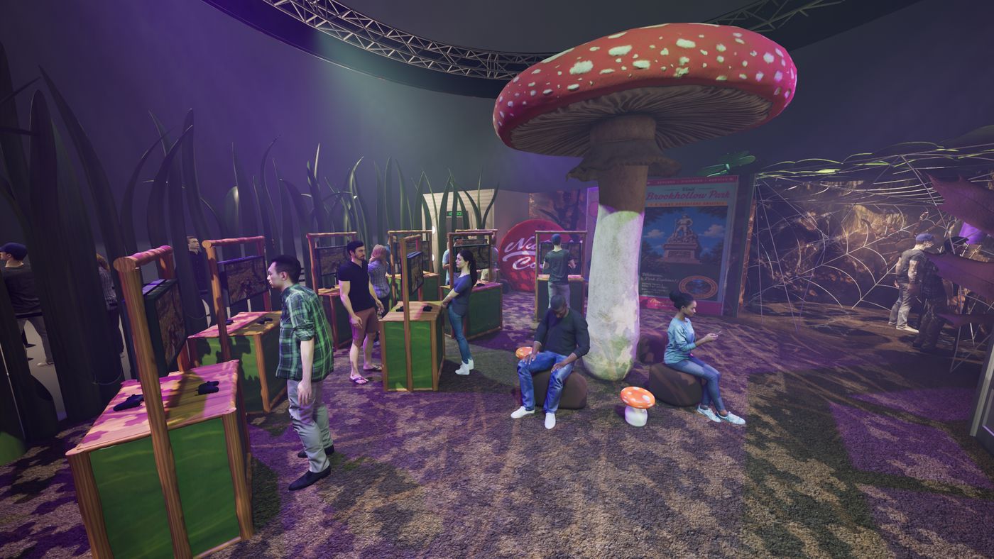 Wide rendering of the clearing with demo stations built from grass and bark under a giant mushroom