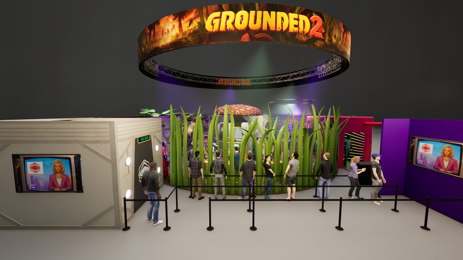 Rendering of the Grounded 2 booth entrance with a lit halo sign above towering blades of grass