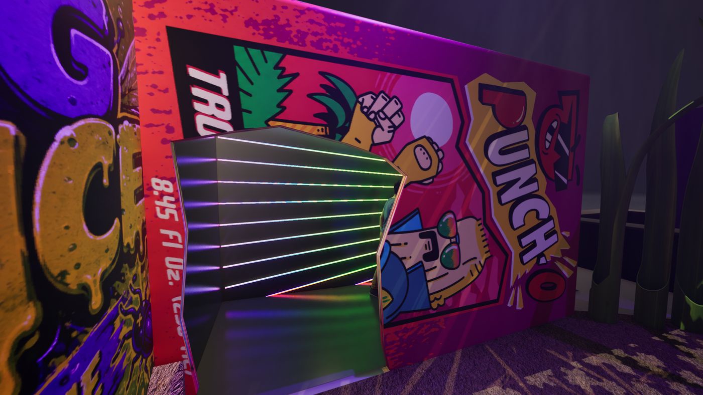 Rendering of the Punch-O juice box wall with a torn opening leading into a glowing hallway