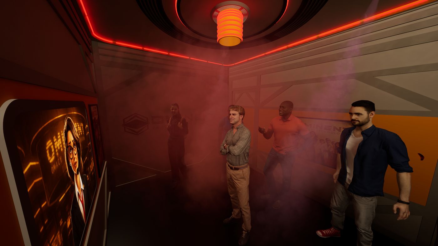 Rendering of the same lab in emergency red light filled with fog after the explosion effect
