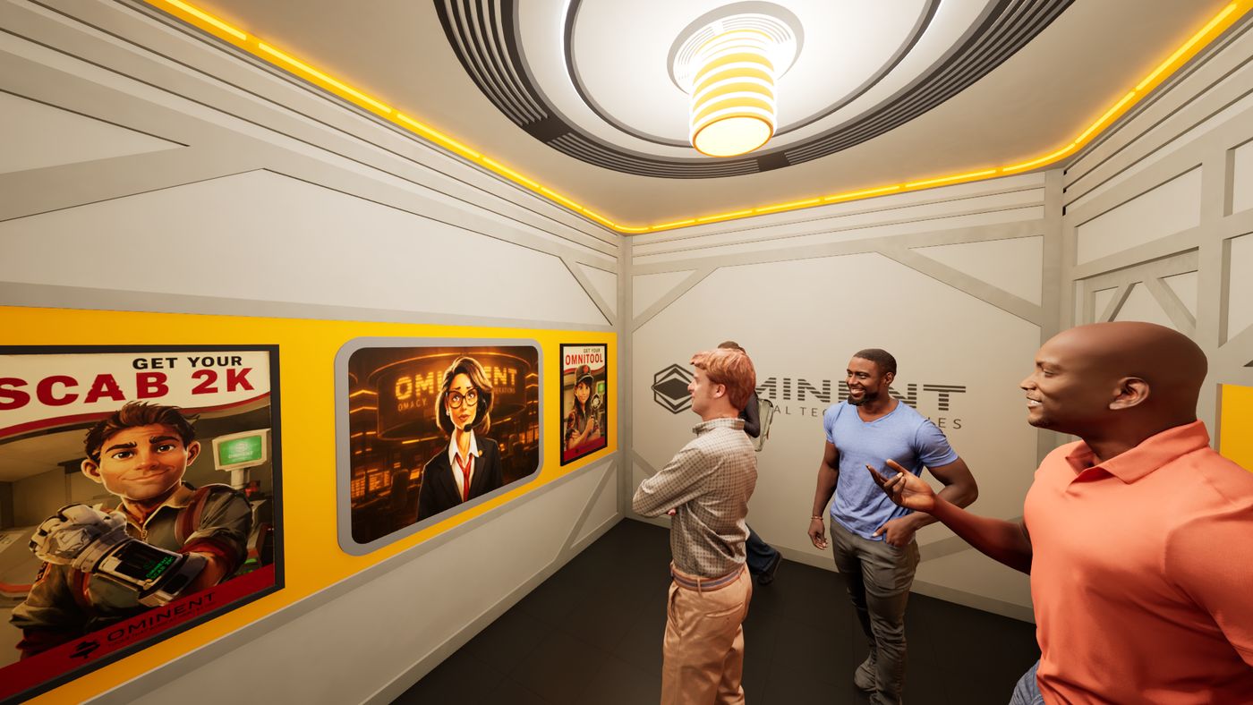 Rendering of the lab interior lit warm, with Ominent corporate posters and guests watching the briefing