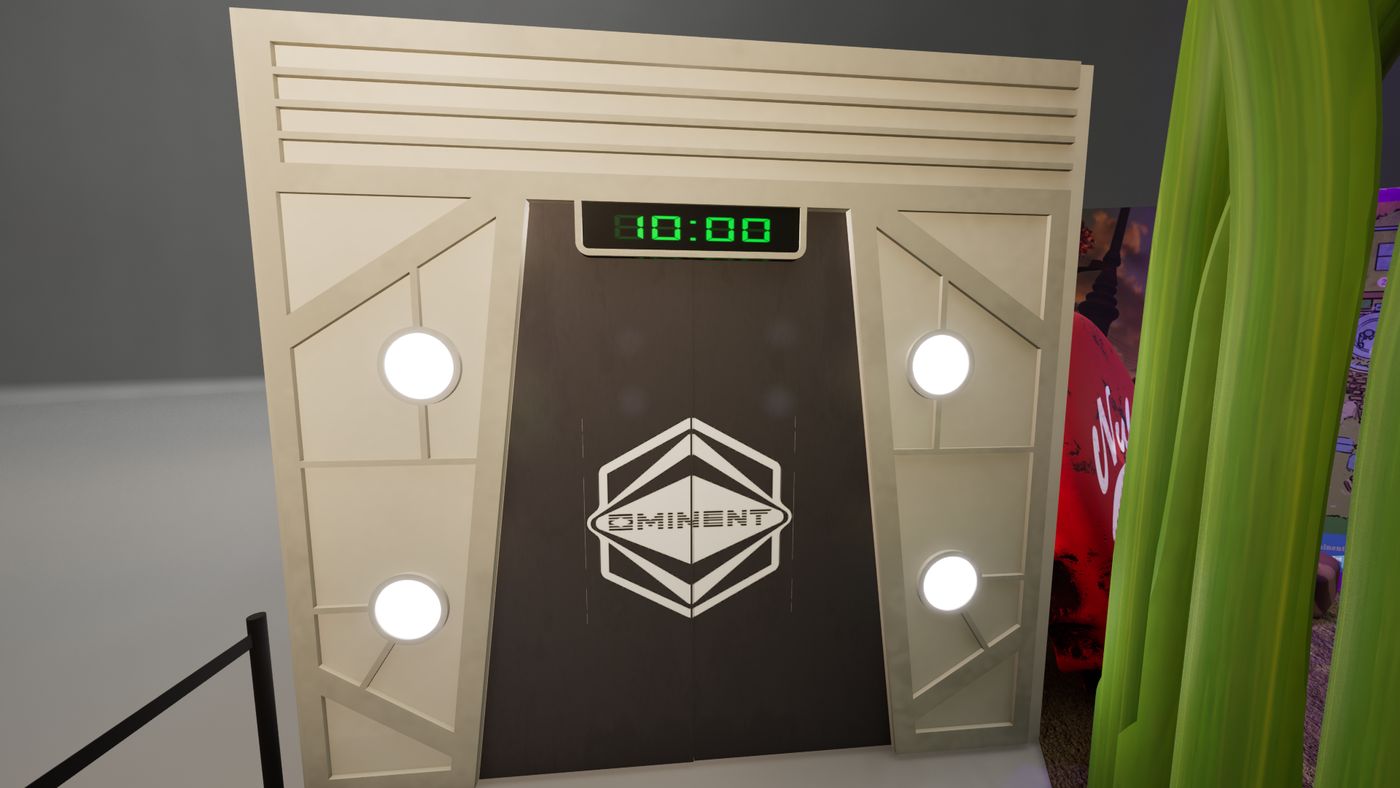 Rendering of the Ominent lab door with a ten minute countdown clock above it
