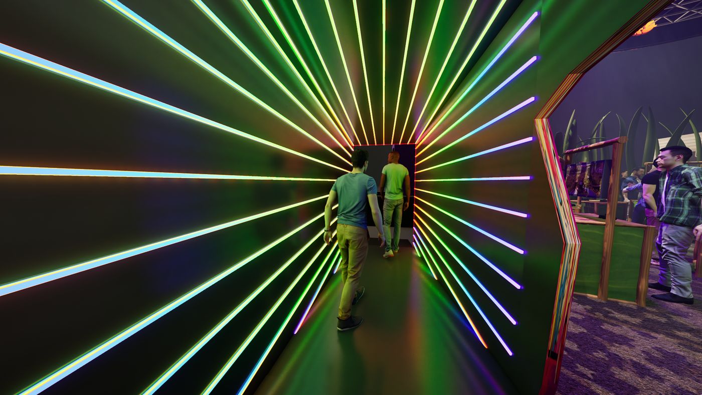 Rendering of the LED lined exit hallway with converging light strips creating a growing effect