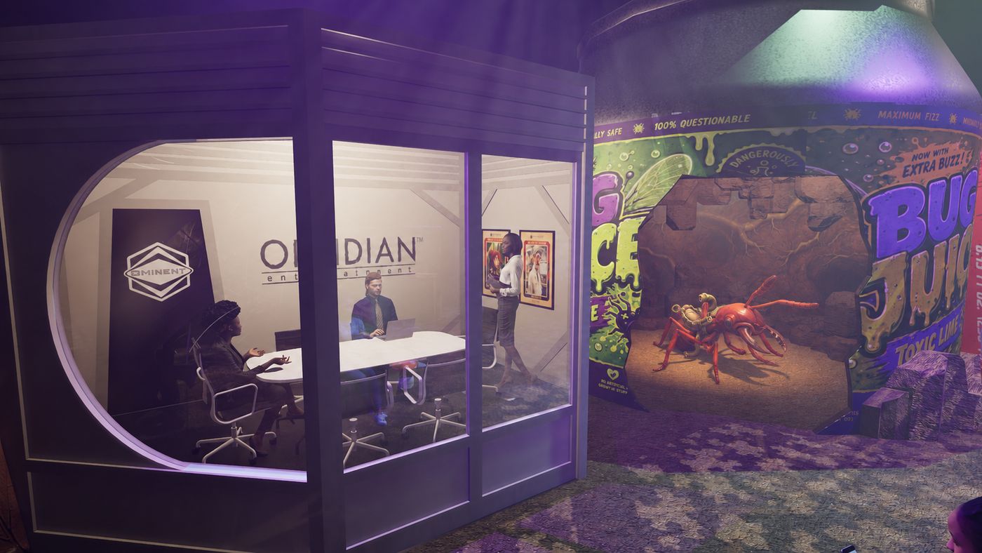 Rendering of the glass walled lab style meeting room with an Obsidian Entertainment sign inside
