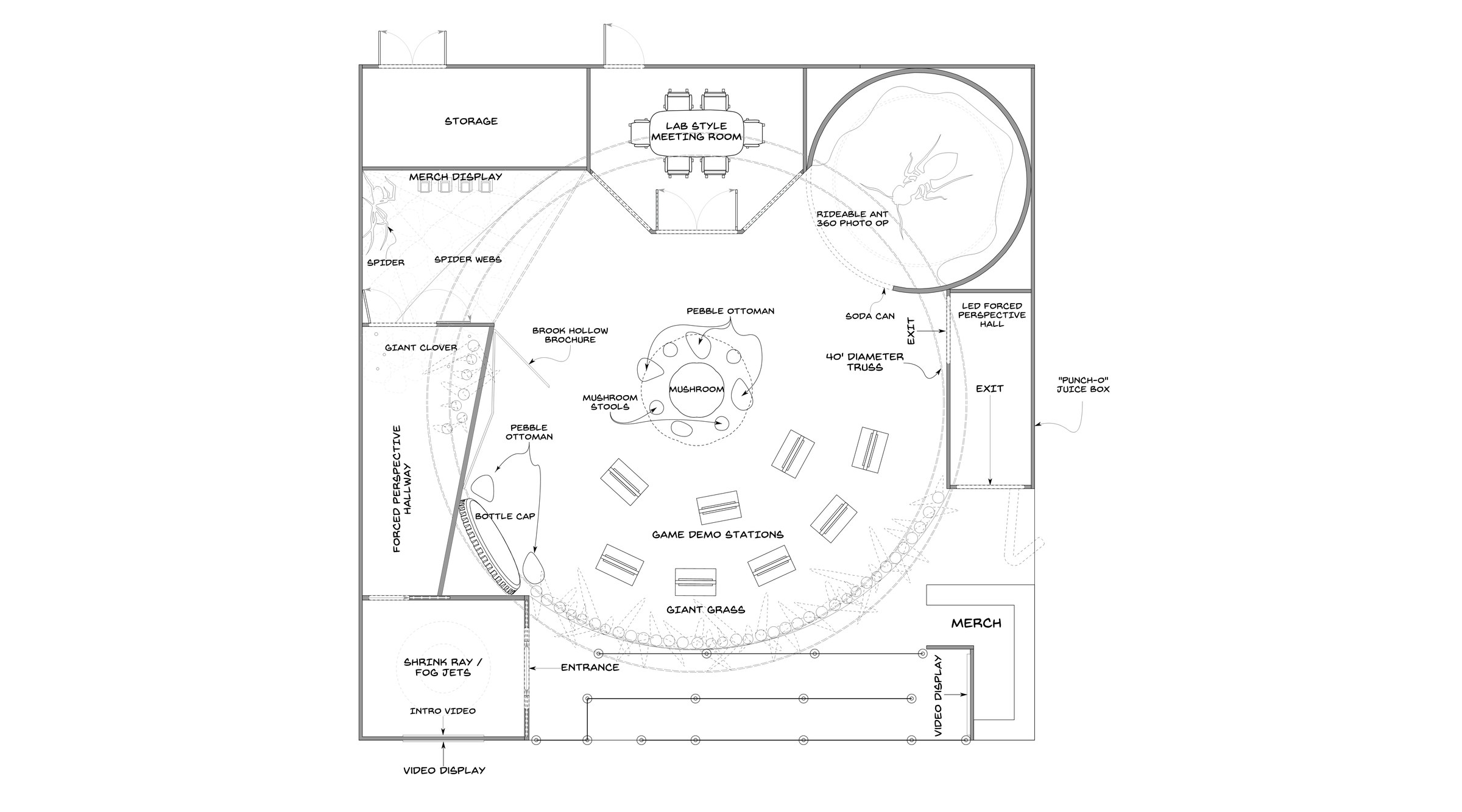 Ground plan of the Grounded 2 booth showing the entry queue, lab, forced perspective hallway, spider nest merch, central clearing with game demo stations, meeting room, ant mound photo op and exit hall