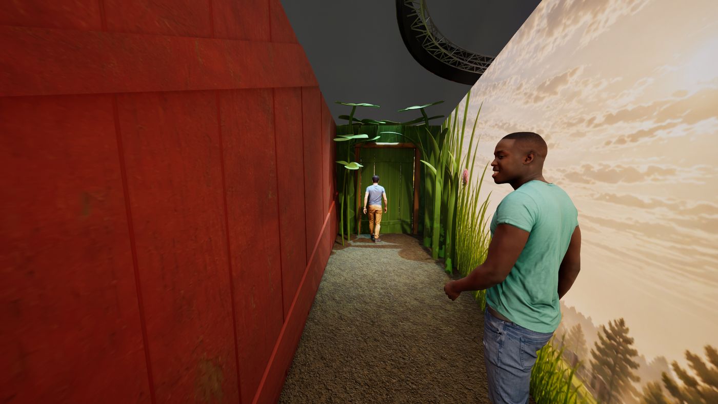 Rendering of the forced perspective hallway with a red fence on one side and grass growing overhead toward the far door