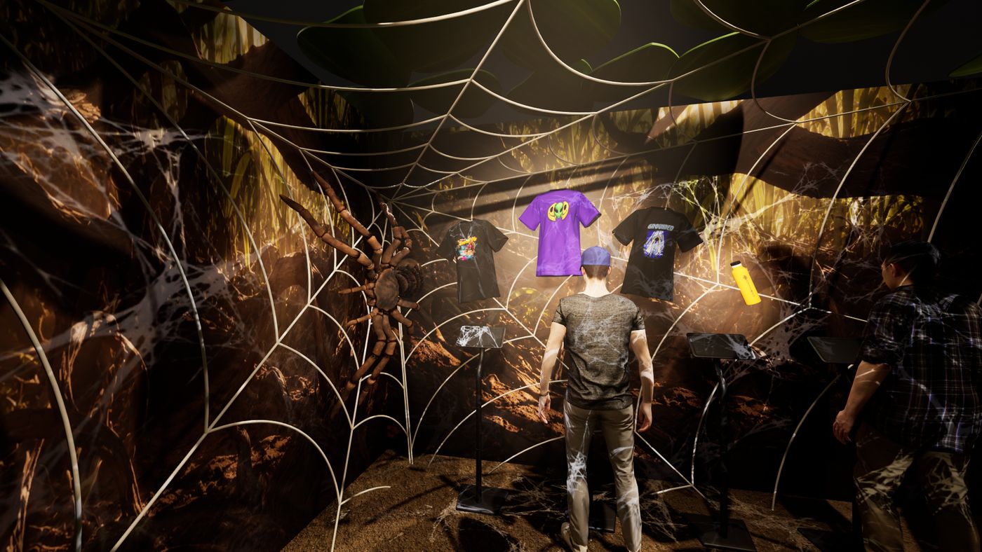 Rendering of the spider nest merchandise room with shirts hung in a giant web and a six foot spider on the wall