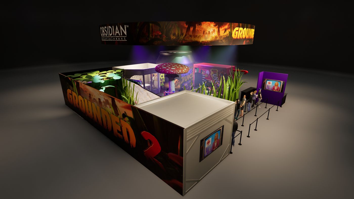 Aerial rendering of the booth from the opposite corner showing the Grounded 2 exterior graphics