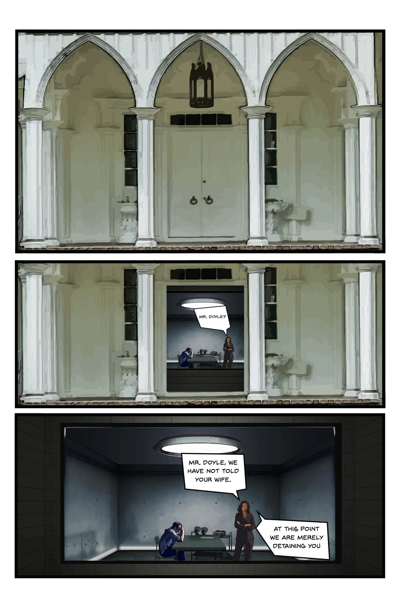 Comic page: the white gothic revival porch of the Hideaway, with the interrogation room appearing as a lit rectangle inside the central arch