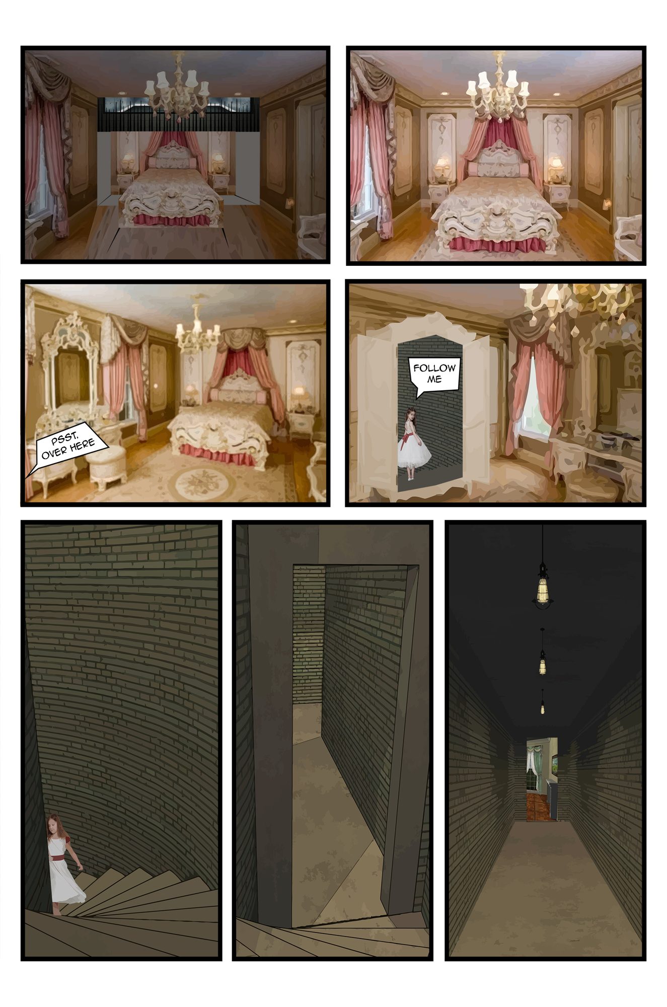 Comic page: the ornate pink bedroom shown in two lighting states, then a wardrobe opening onto a bare brick stairwell and a long brick service corridor lit by bare bulbs