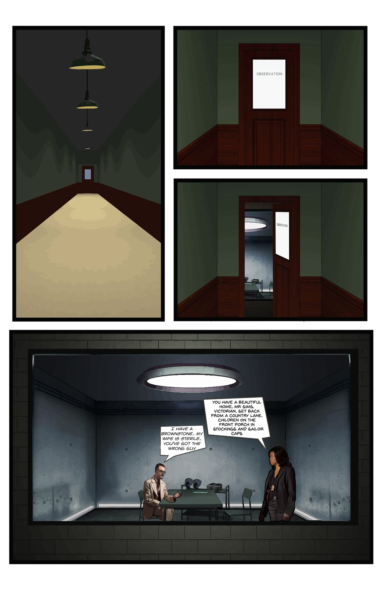 Comic page: a long corridor lit by hanging fixtures leads to a door marked Observation, which opens onto the interrogation room seen as a lit box from outside
