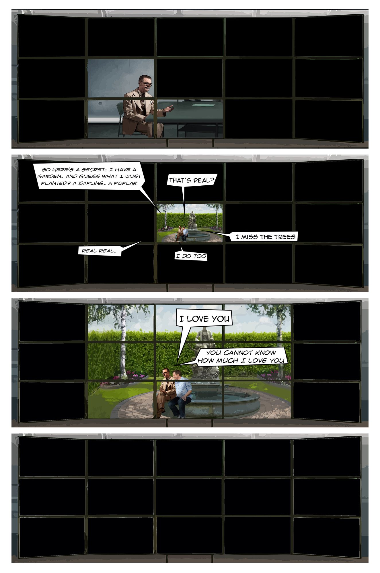 Comic page: the monitor grid going dark panel by panel until one garden image remains, then black