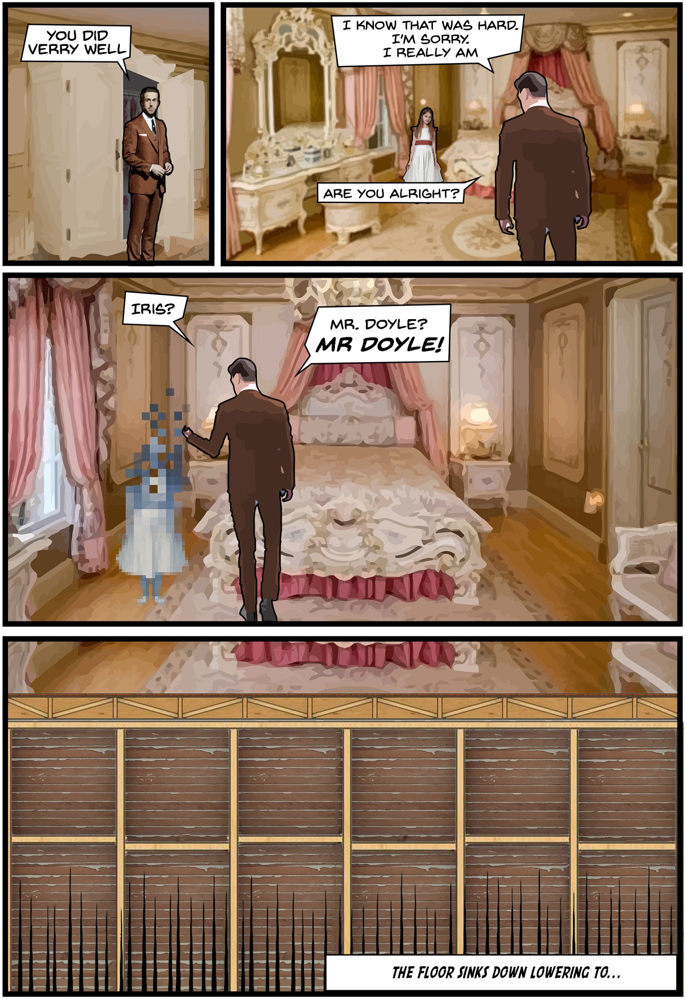 Comic page: a figure alone in the bedroom as the girl pixelates away, then the floor lowering to reveal deck framing and railing beneath