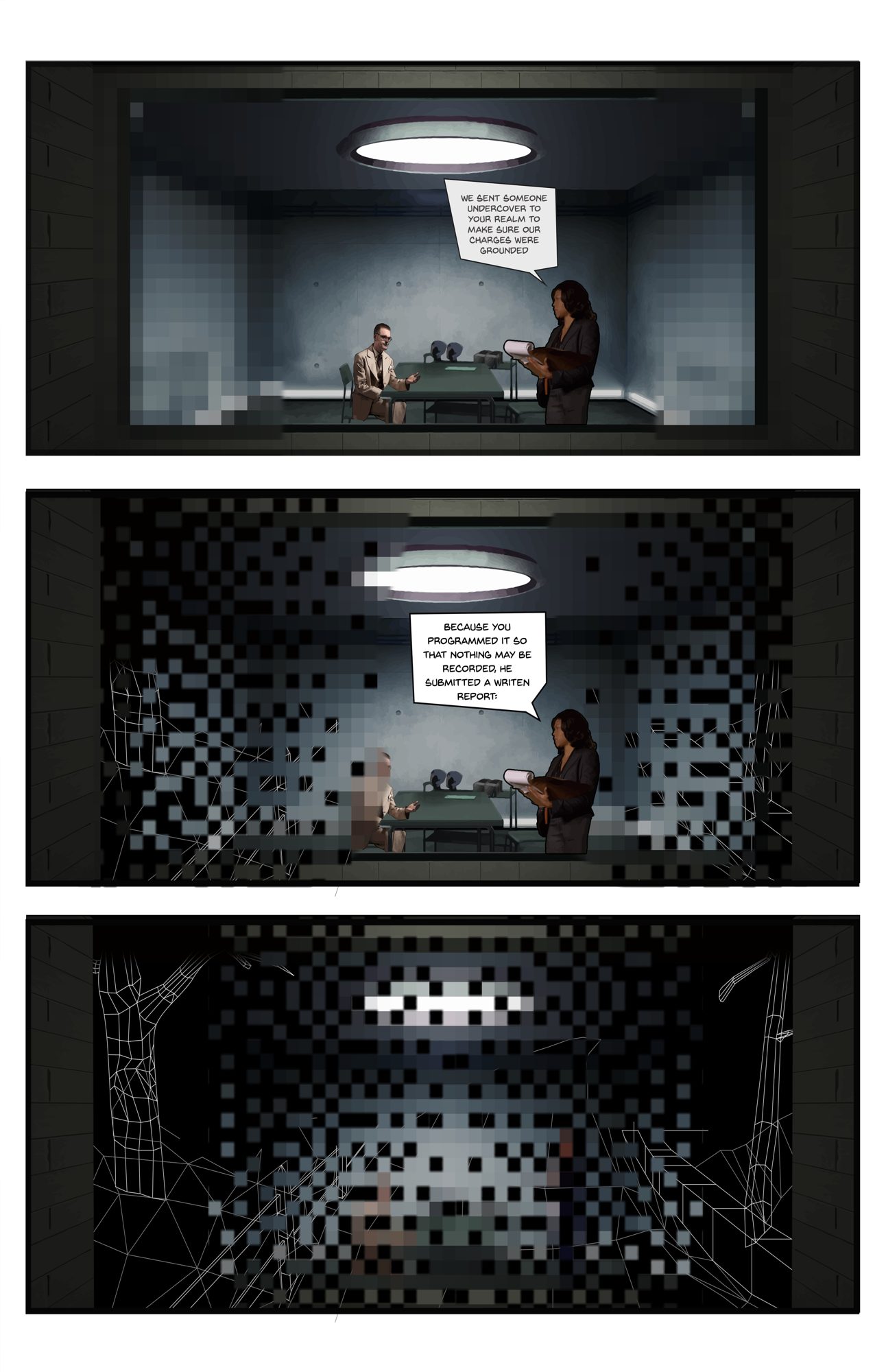Comic page: the interrogation room breaking apart into large pixel blocks, then into a white wireframe mesh
