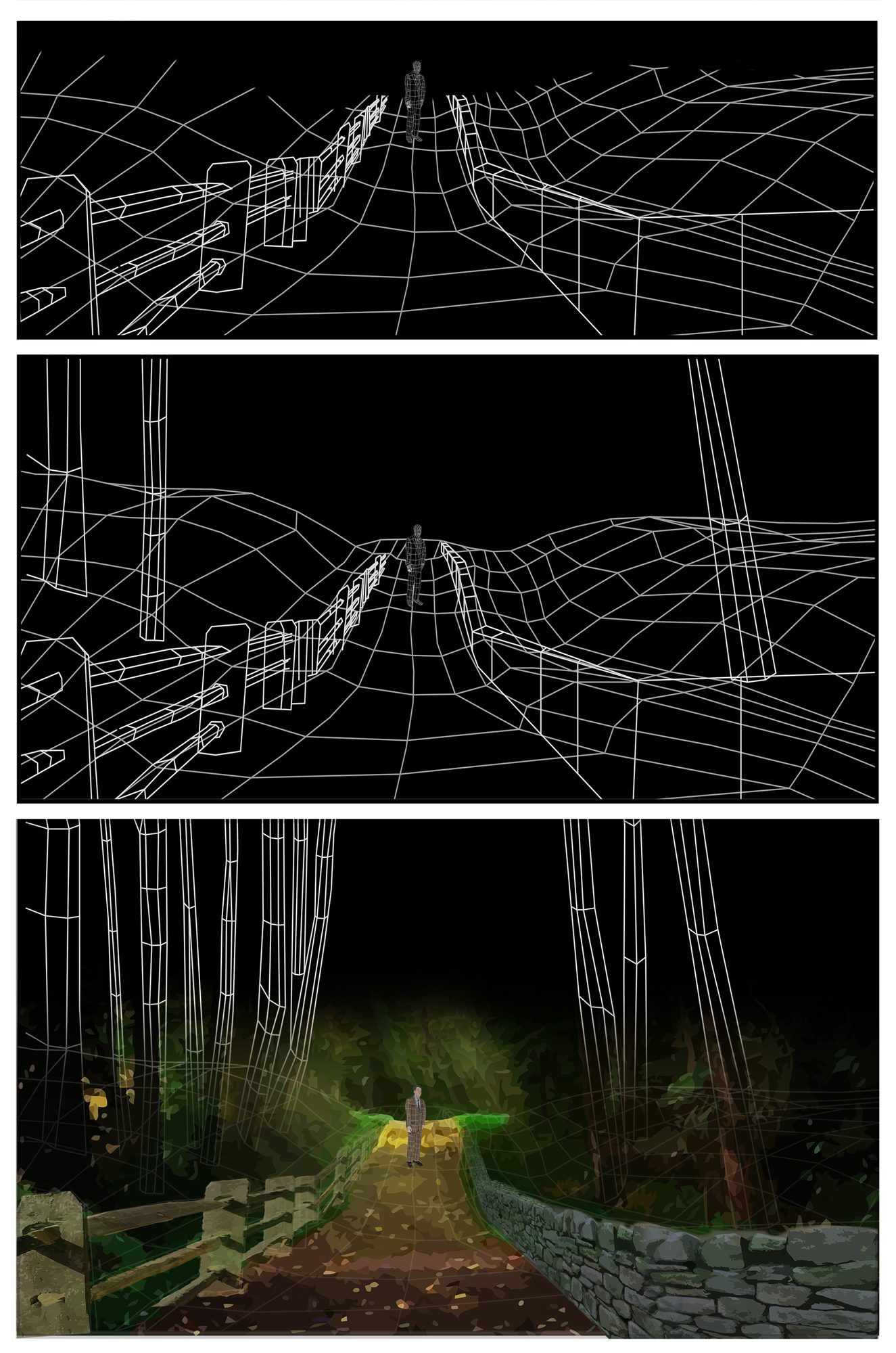 Comic page: a white wireframe landscape of trees and a stone wall resolving downward into a fully rendered forest path