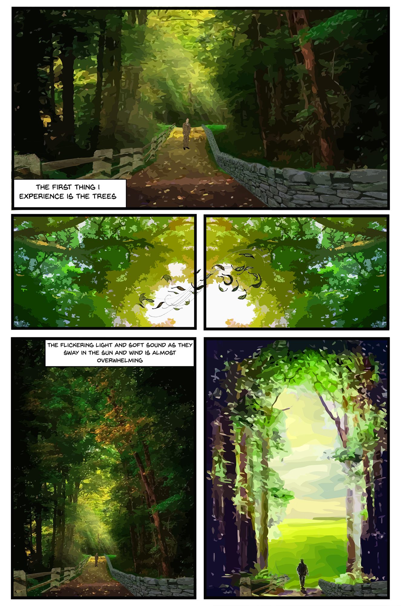 Comic page: a figure on a leaf covered path under a canopy of backlit trees, with panels of leaves and sunlight