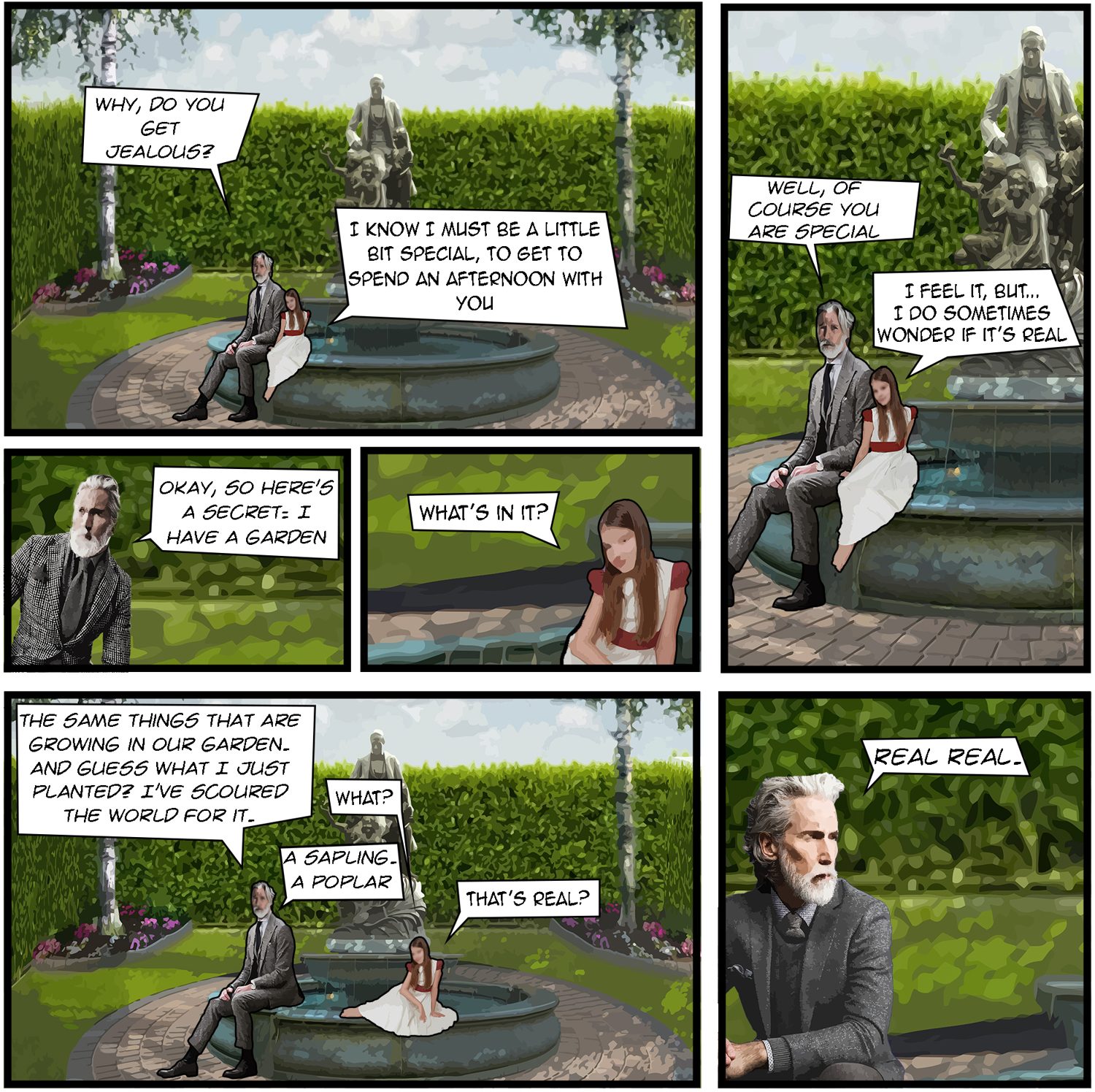 Comic page: a statue fountain in a garden enclosed by tall hedges, with birch trees and flower beds