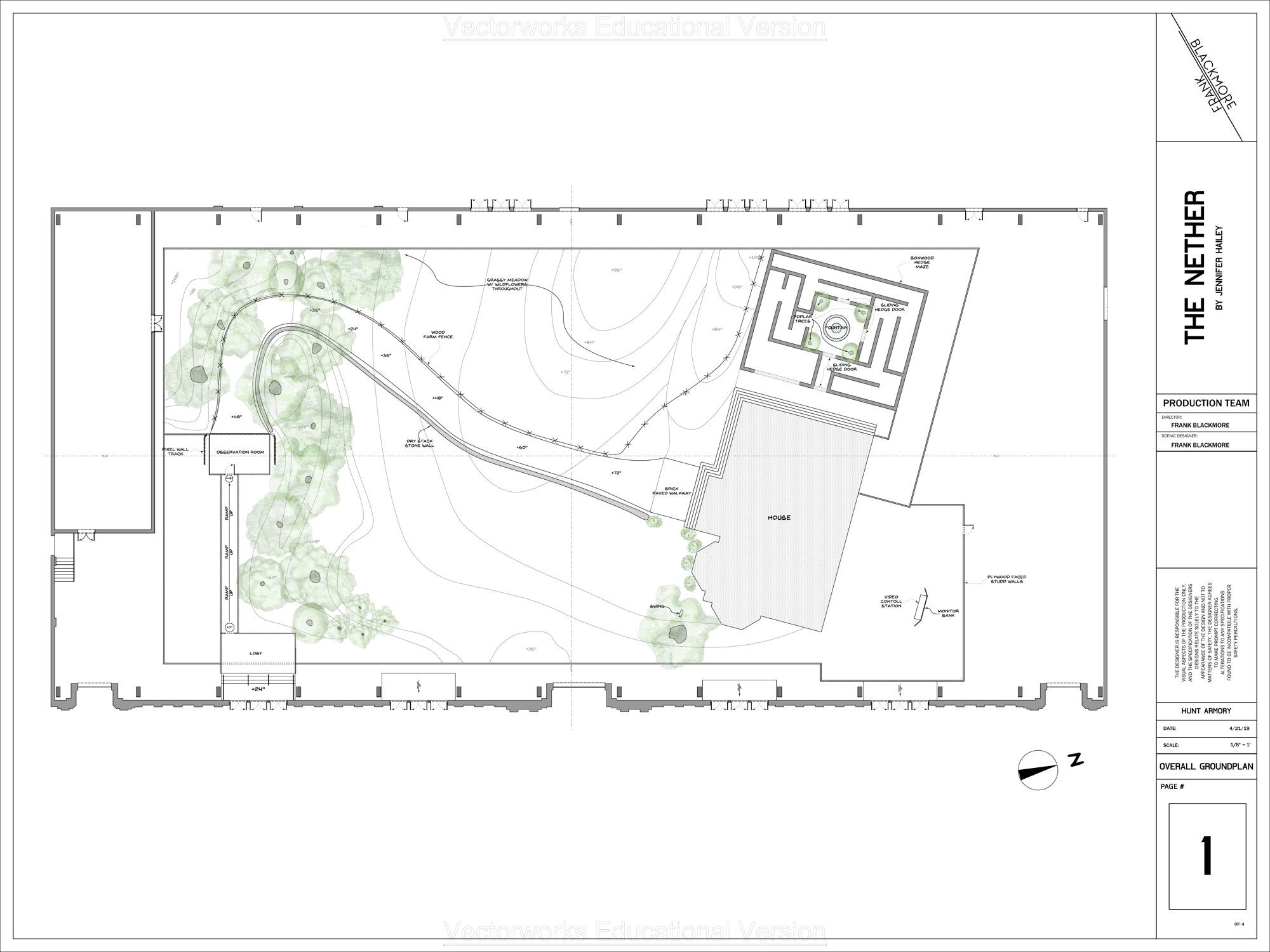 Overall groundplan sheet: the Hunt Armory drill hall with a contoured meadow, winding brick walkway, observation room on a track, the house, and a boxwood hedge maze
