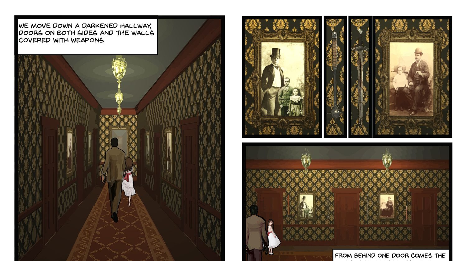 Comic panels: a dark patterned wallpaper hallway lit by hanging lanterns, with framed portraits and a mounted blade between them