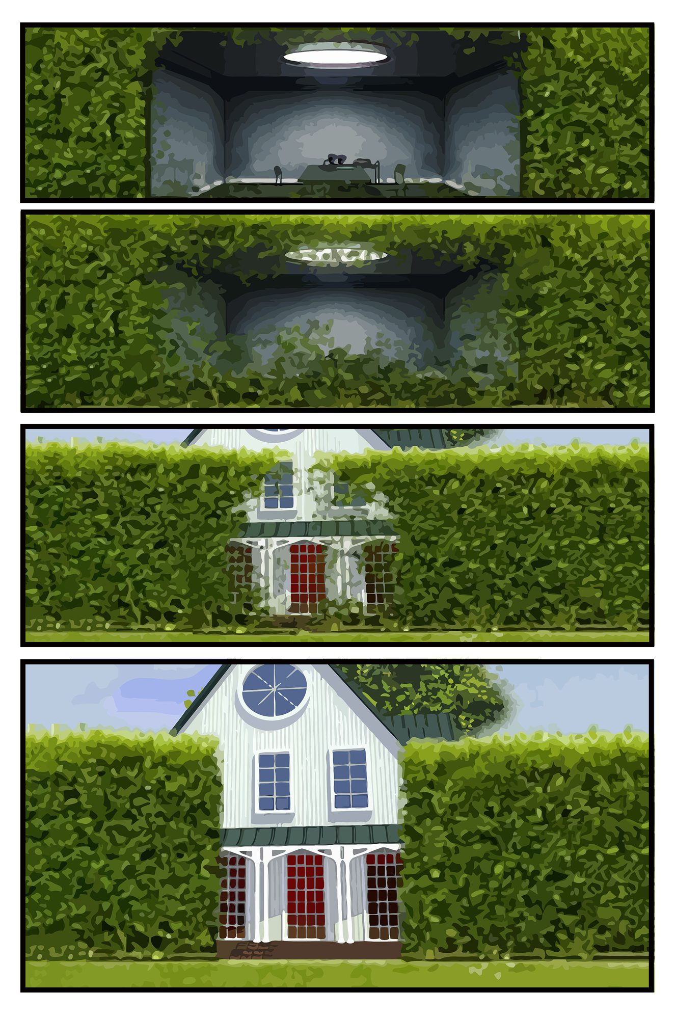 Comic page: the interrogation room appearing as a lit rectangle set into a tall green hedge, then swallowed by the hedge