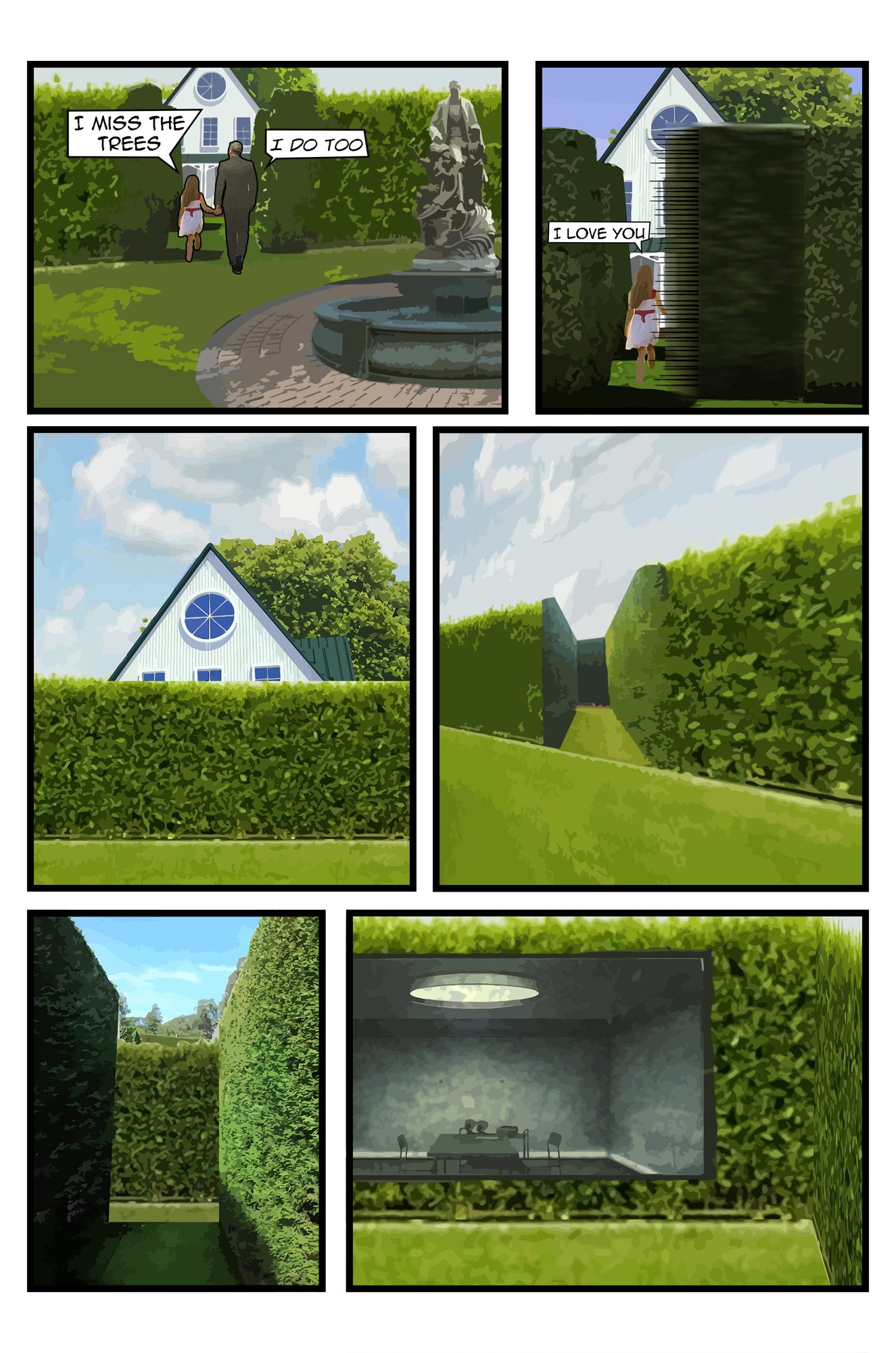 Comic page: tall hedge corridors with the white house roof and round window visible above them