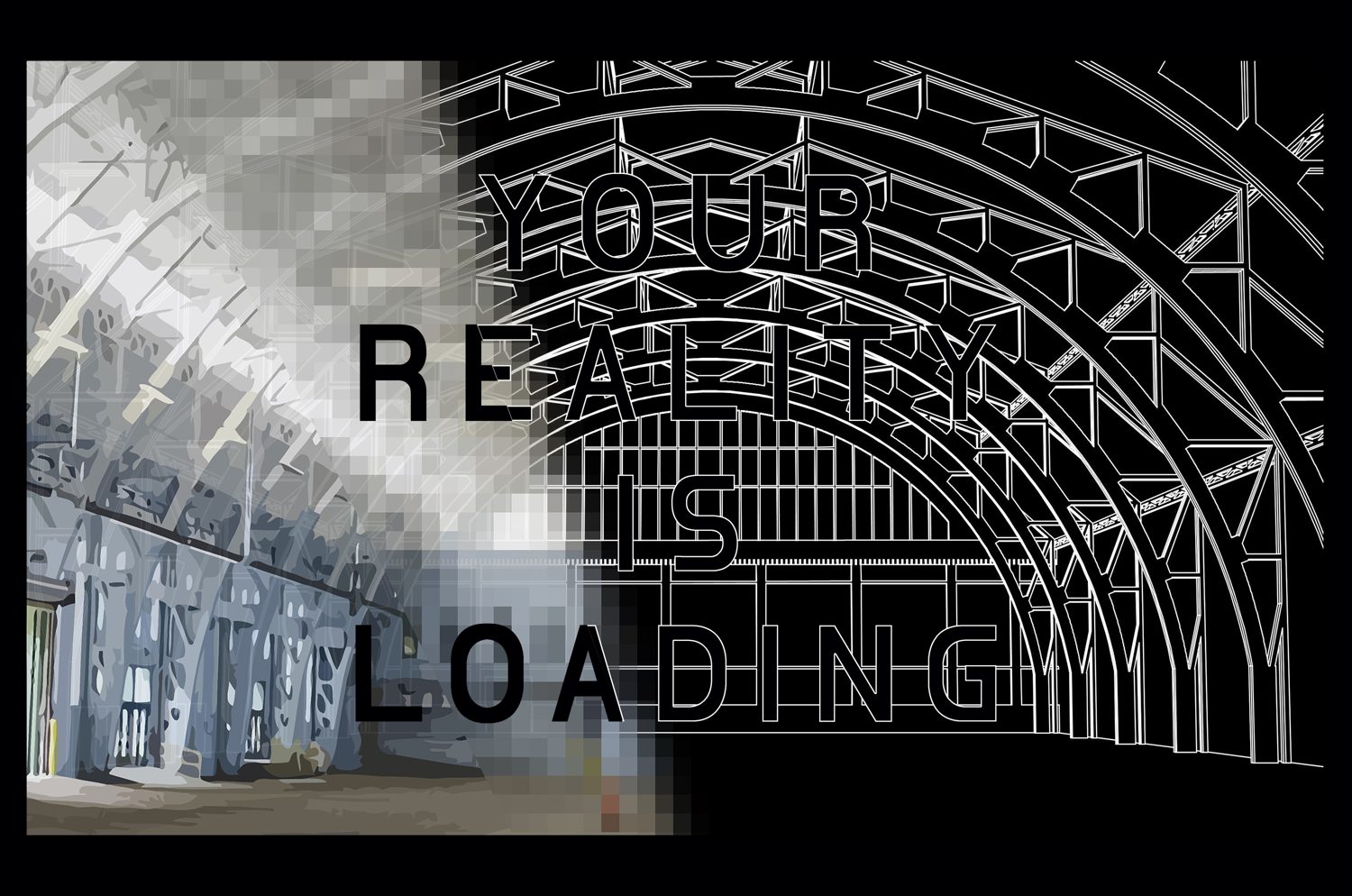 The Nether Immersive Experience, title plate showing the drill hall trusses in wireframe dissolving into a rendered photograph
