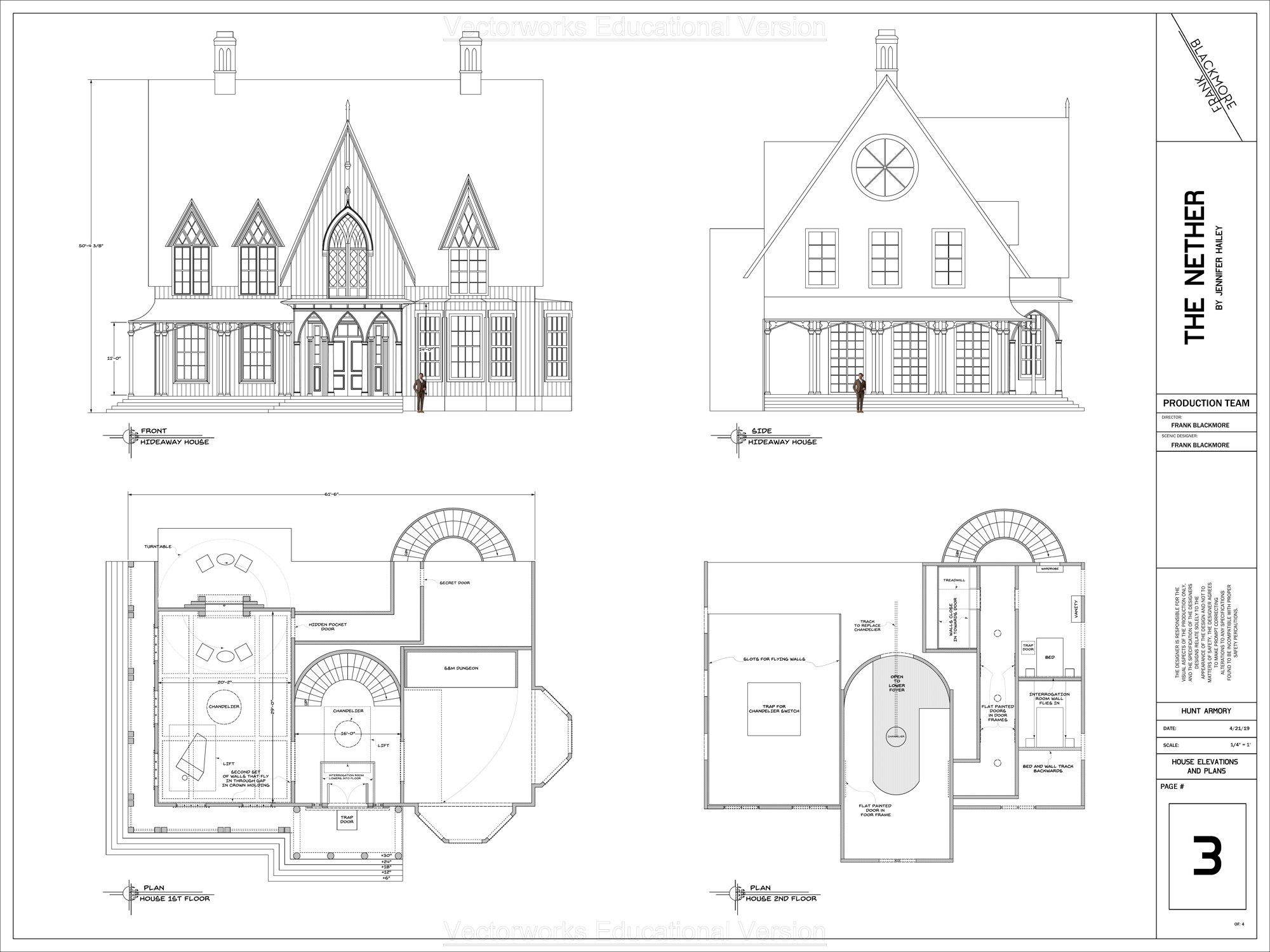 House elevations and floor plans showing the gothic revival front and side, plus first and second floor plans marked with a turntable, lifts, trap doors, flying walls and a wardrobe passage