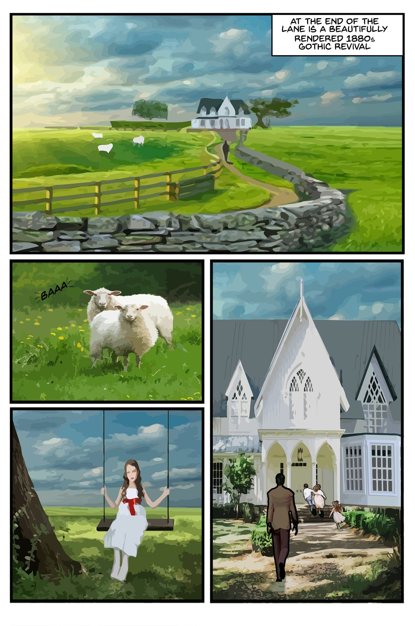Comic page: a green landscape with a stone wall, sheep, a girl on a tree swing, and a white gothic revival house at the end of the lane