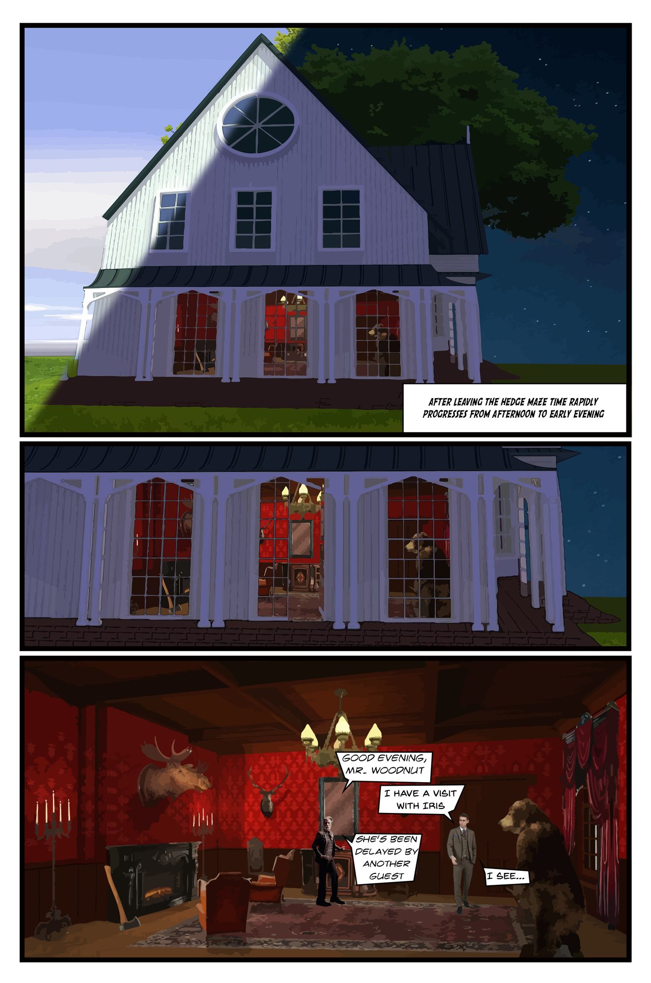 Comic page: the front of a white clapboard lodge split down the middle between day and night, then its red wallpapered interior with mounted trophies and a fireplace