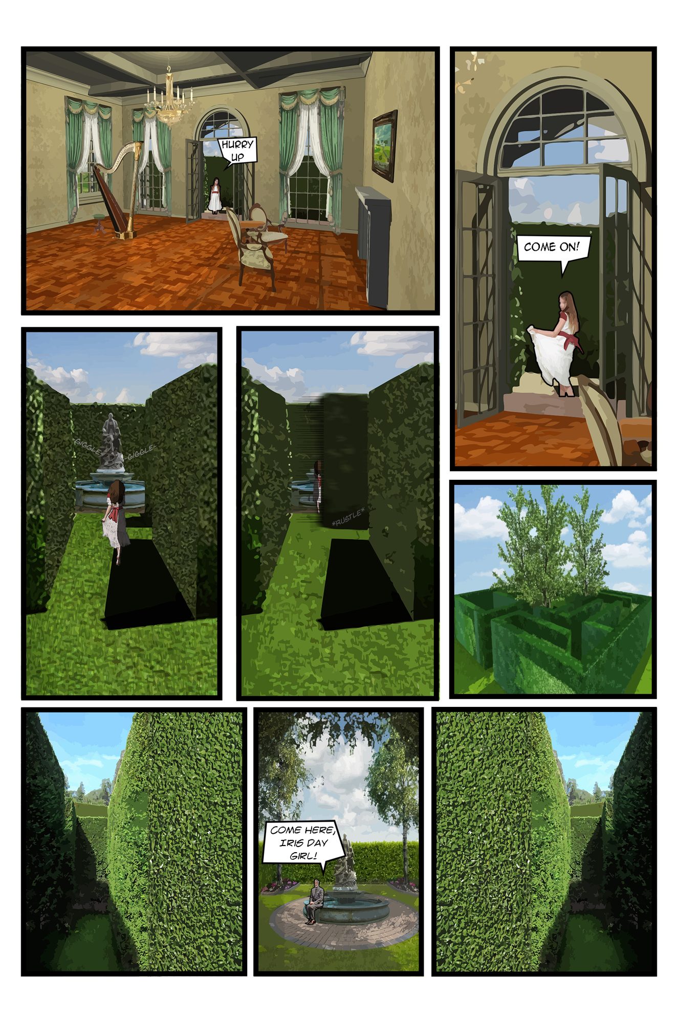 Comic page: a room with a harp and tall arched doors opening onto a clipped green hedge maze under a blue sky
