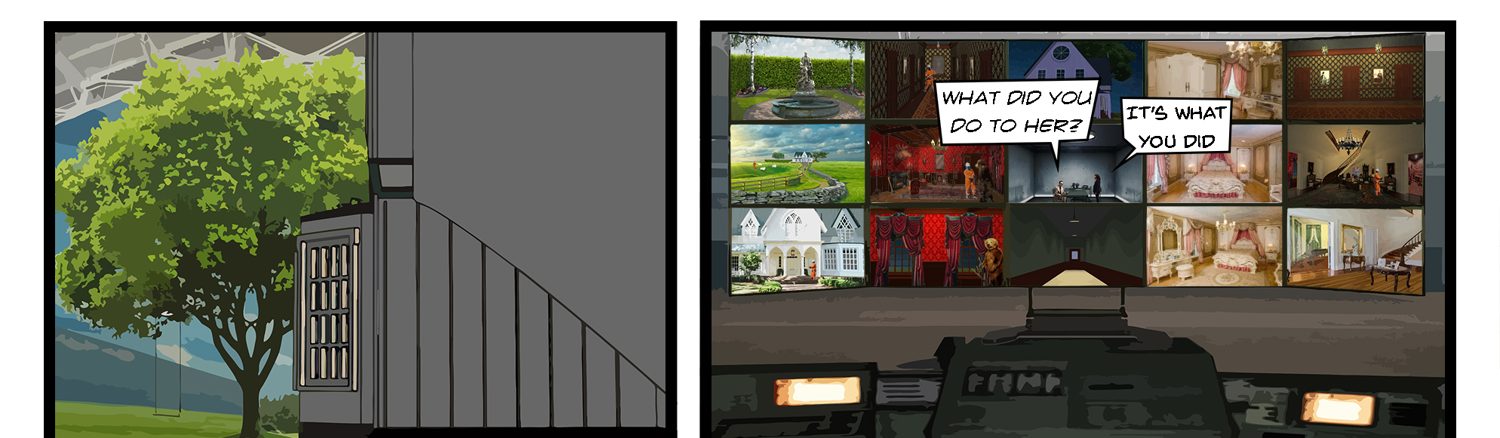 Comic panels: a tree and stair against a flat grey wall, and a control desk facing a grid of monitors showing every environment in the show at once