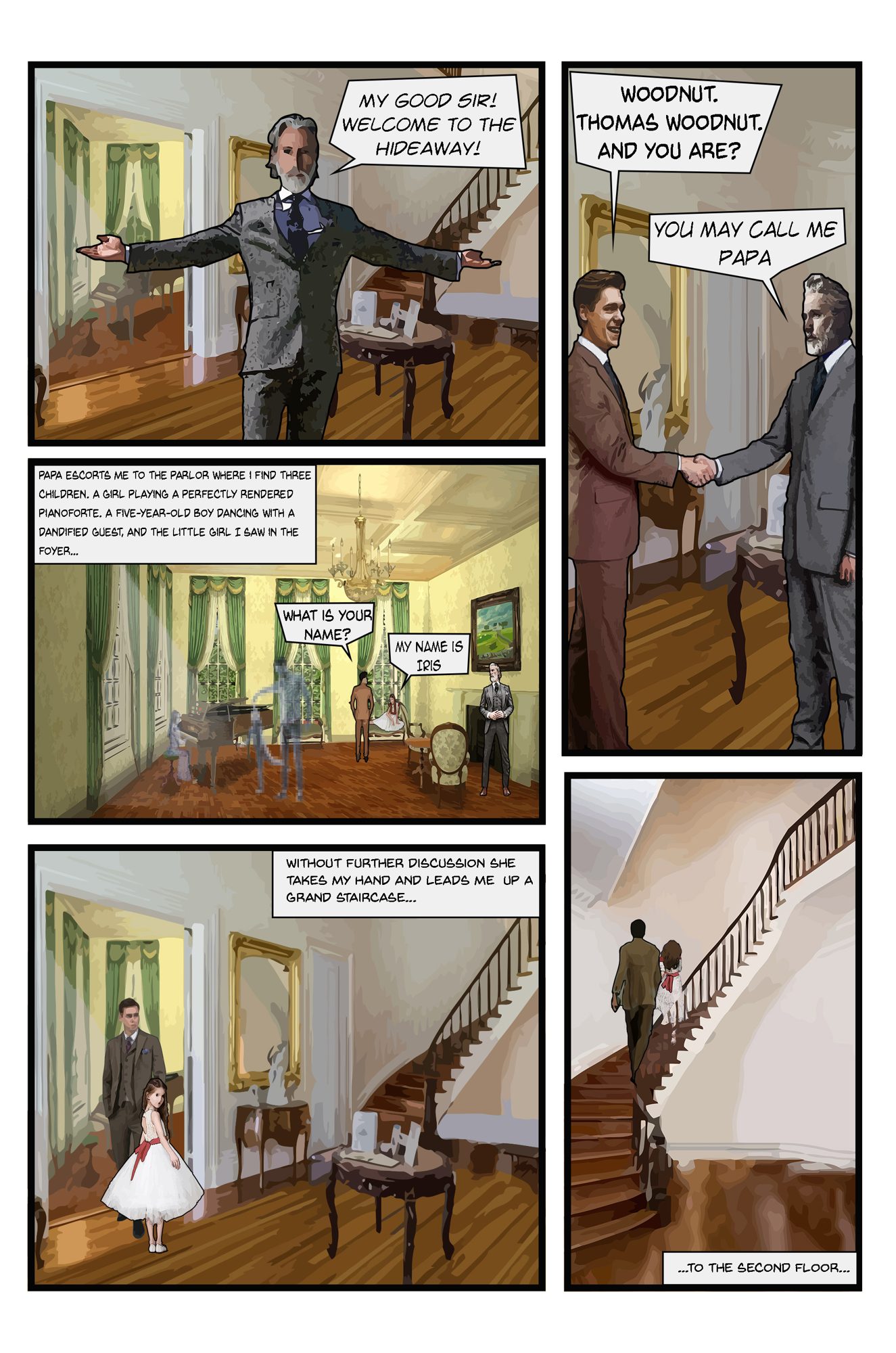 Comic page: the foyer of the house with a grand staircase, gilt mirror, and a parlor with green drapery and a piano