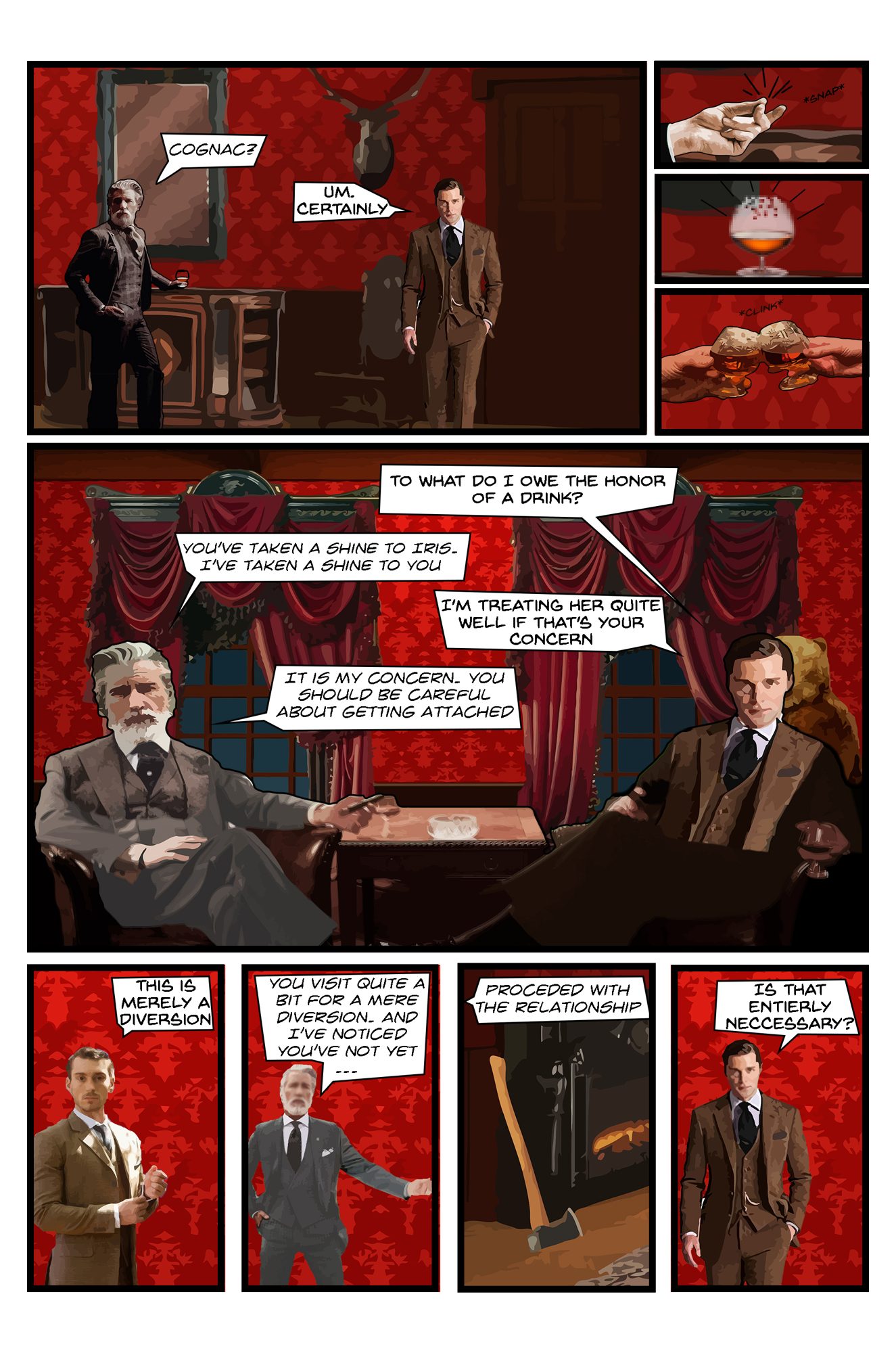 Comic page: the red lodge parlor with heavy drapery, a fireplace and a standing bear, two figures seated with drinks
