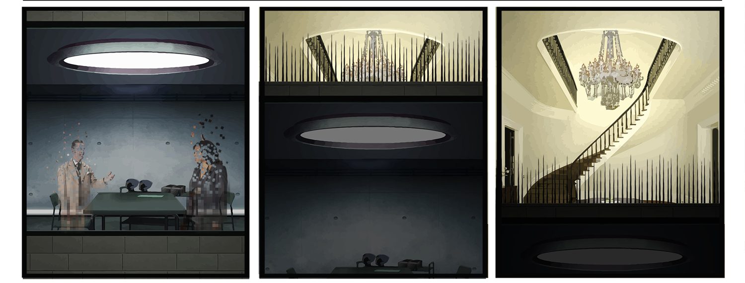 Comic panel row: the interrogation room dissolving into pixels, going dark, and resolving into a lit staircase and chandelier