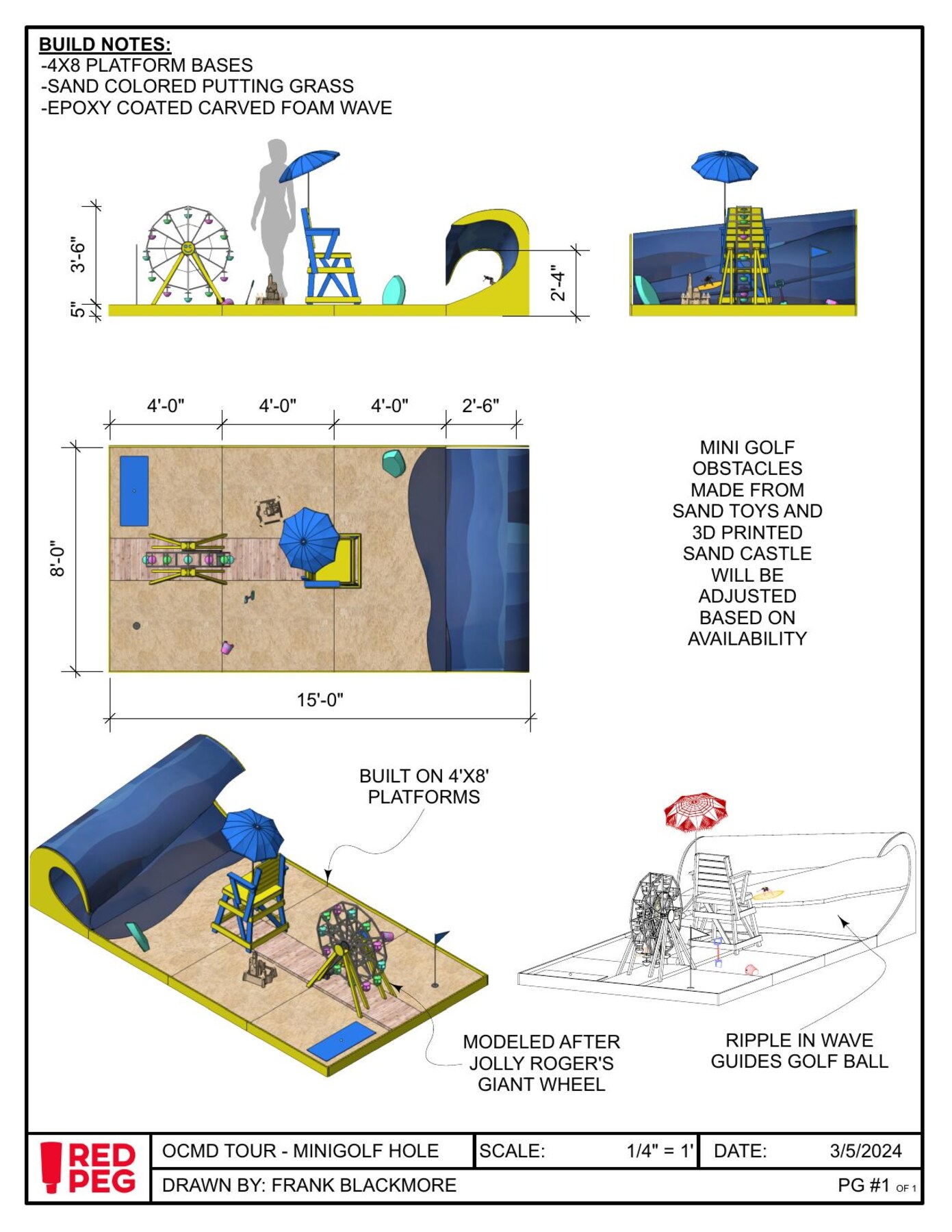 OCMD Tour mini golf hole: build notes, elevations, plan and isometric renders of a boardwalk-themed hole with a Ferris wheel, lifeguard chair and carved foam wave