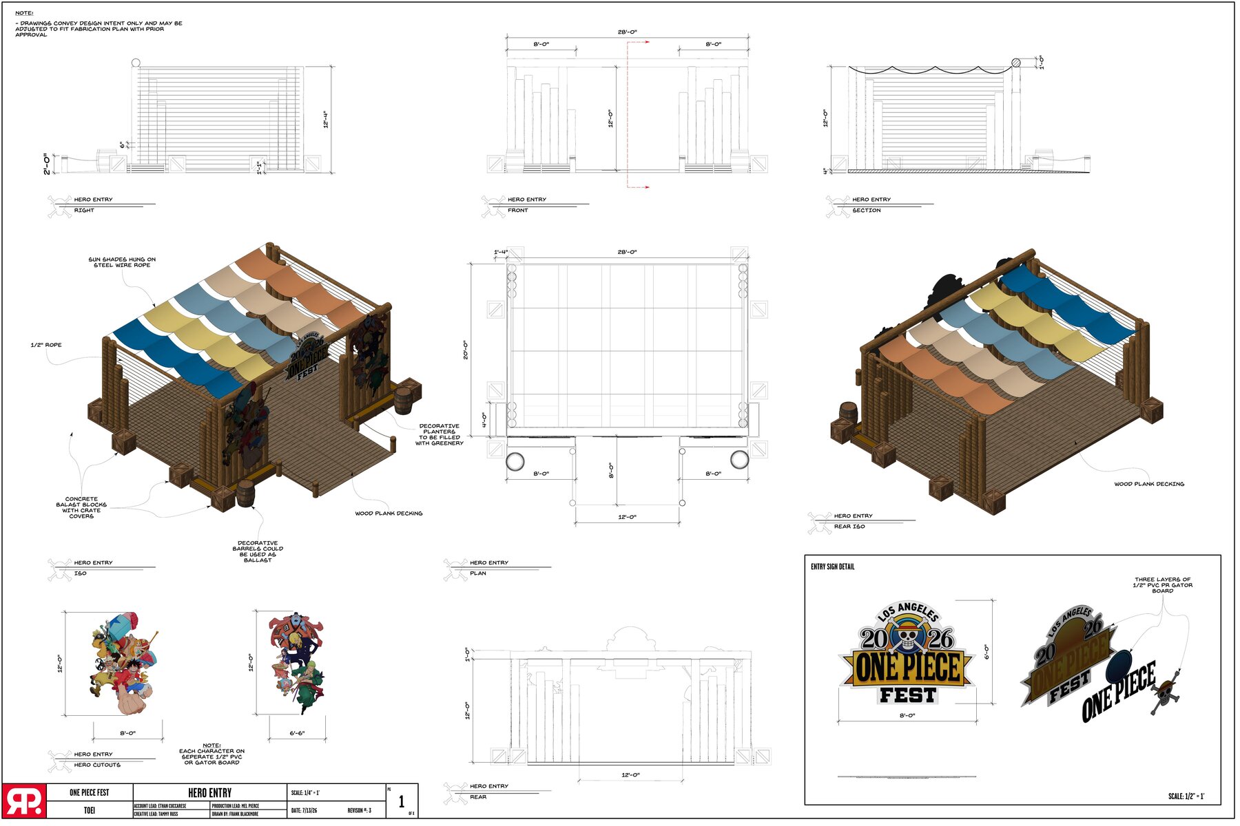 One Piece Fest hero entry structure: elevations, section, isometric renders and entry sign detail on one drafting sheet