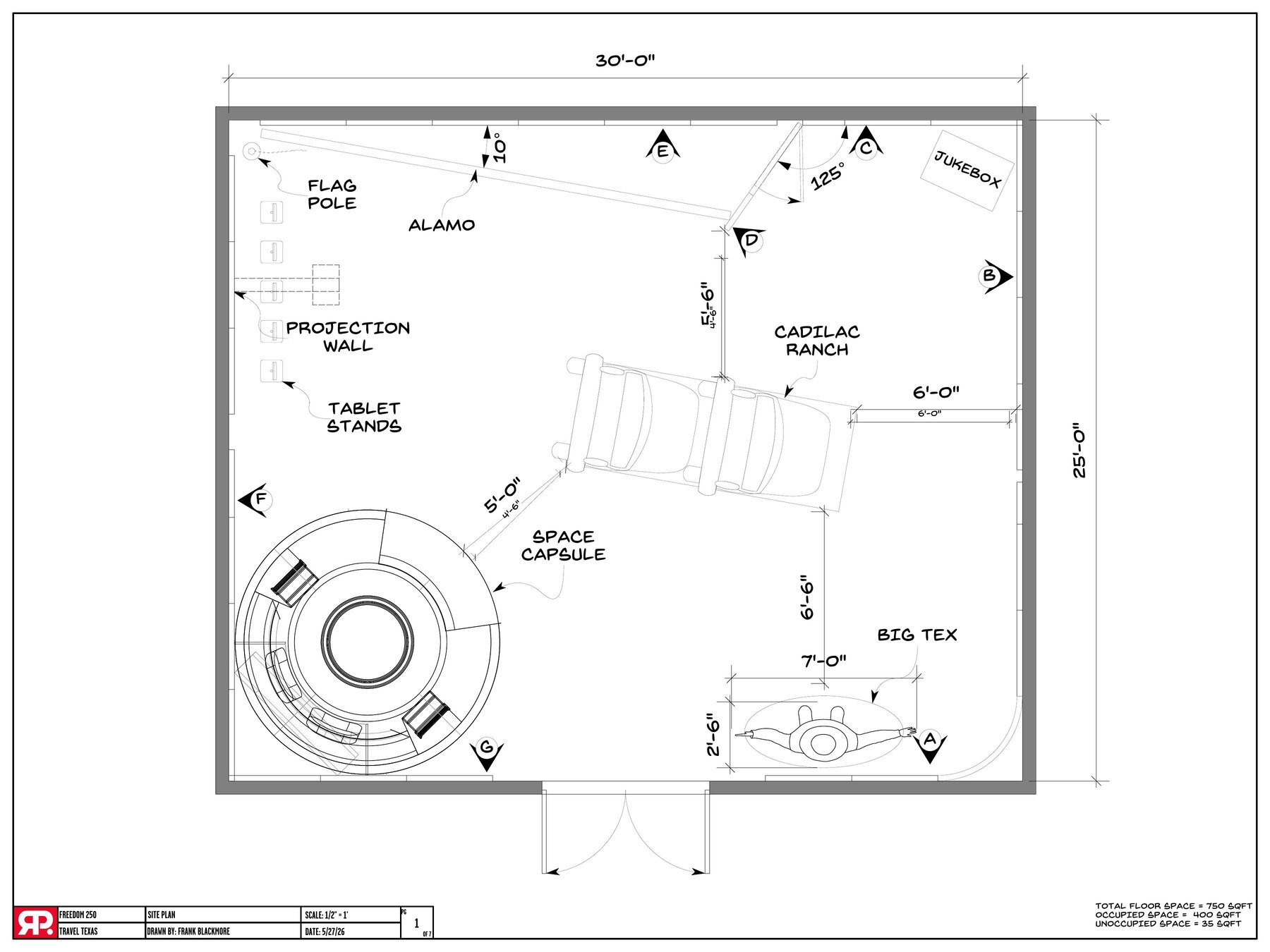 Texas State Pavilion site plan for the Freedom 250 brief, showing the Alamo facade, Space Capsule, Big Tex and Cadillac Ranch elements