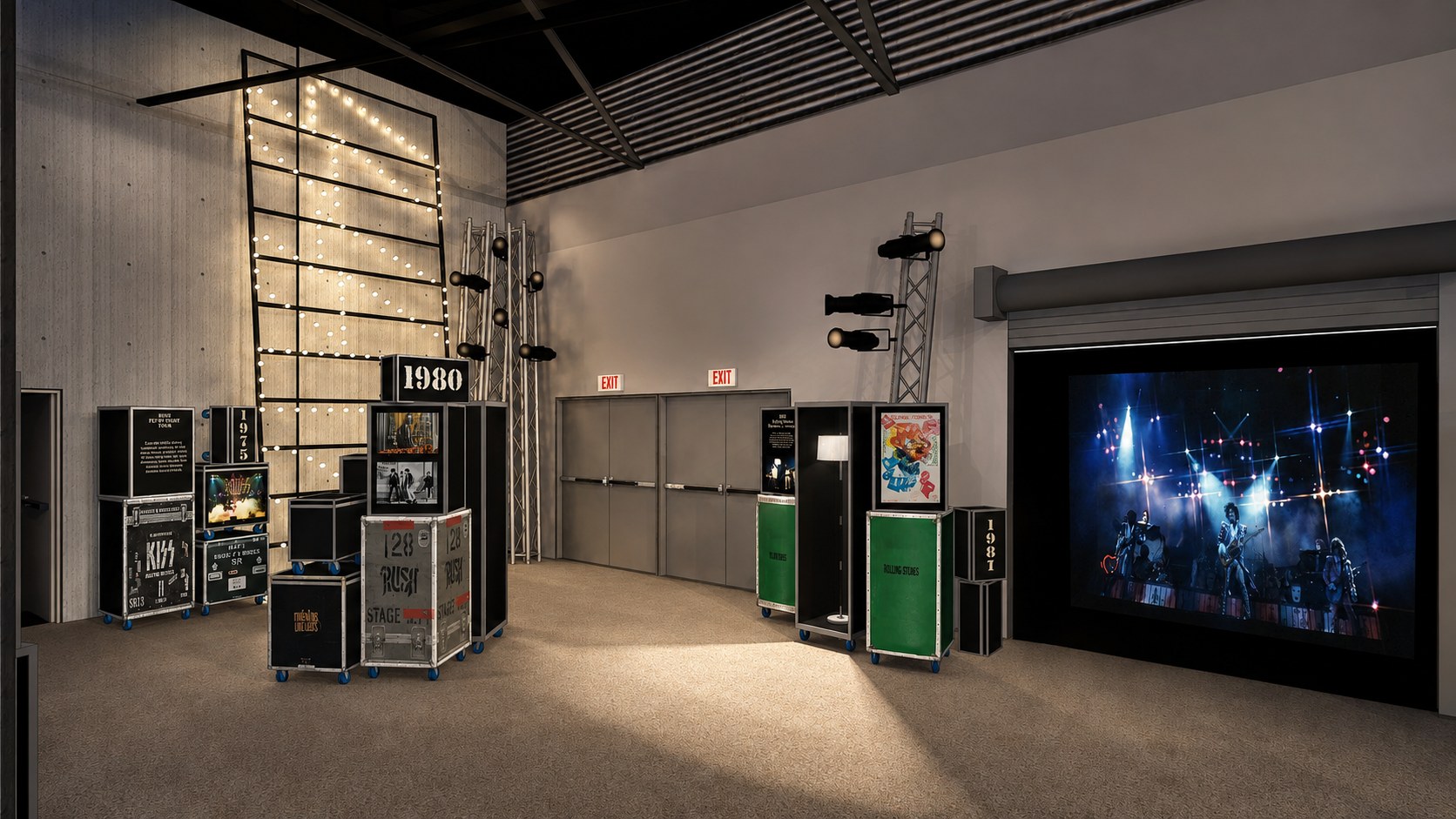 Rendering: road case displays from 1975 to 1981 with a marquee bulb sign, beside roll up doors and a screen showing a concert