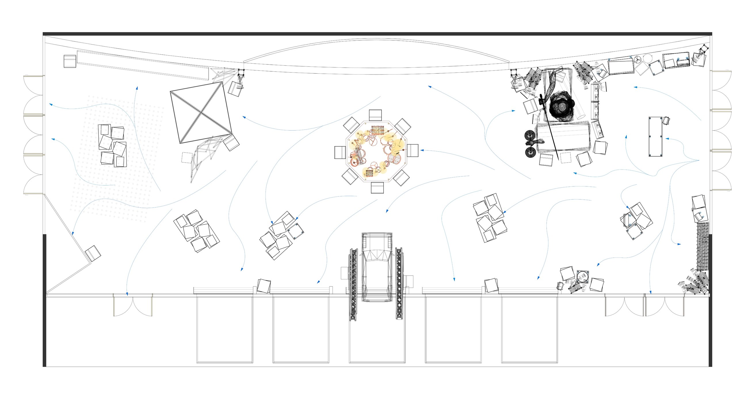 Circulation study of the same plan with blue arrows tracing visitor movement around the perimeter and across the center of the gallery