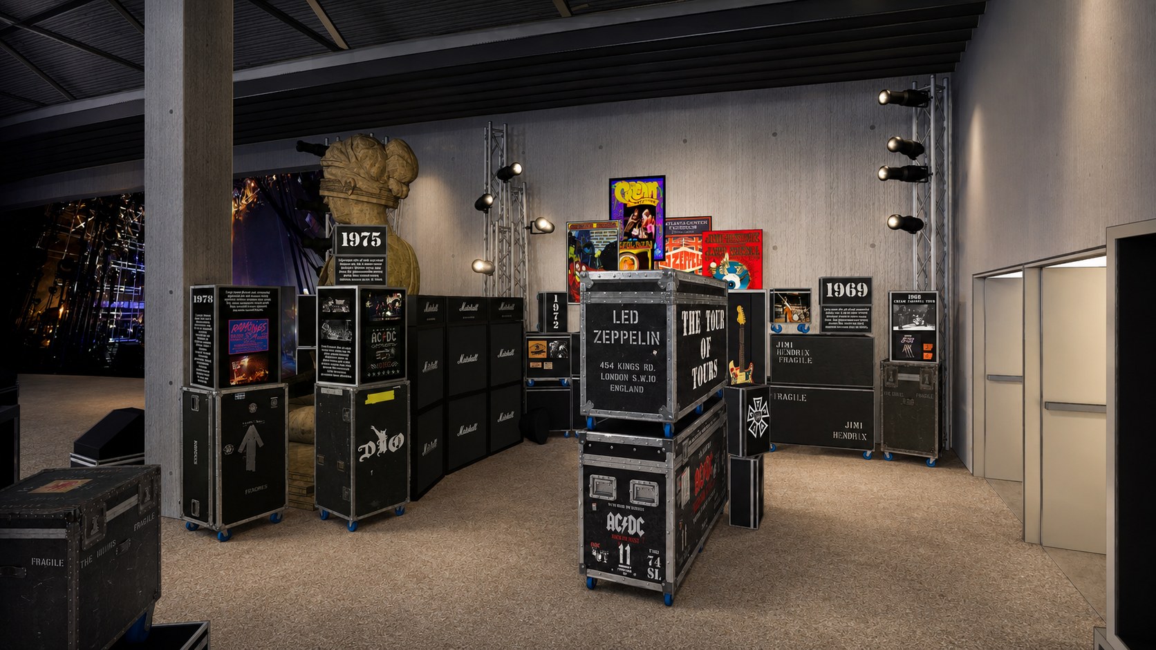 The Tour of Tours exhibit, stacked road cases carrying year markers and concert posters in a concrete loading dock gallery