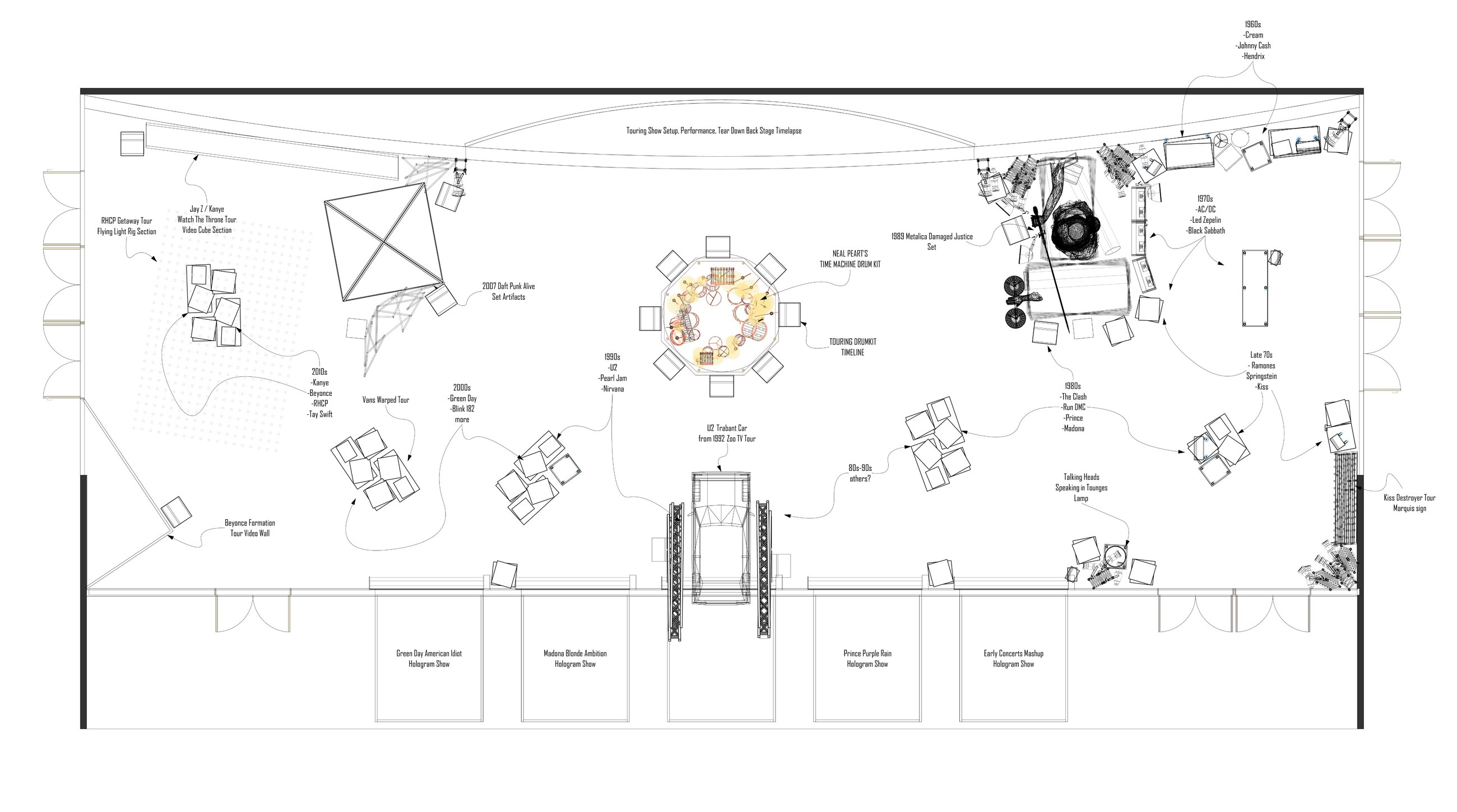 Overall plan drawing: the gallery with decade groupings of road cases around the perimeter, the Trabant and drum kit at center, and five hologram show boxes along the lower wall, all annotated