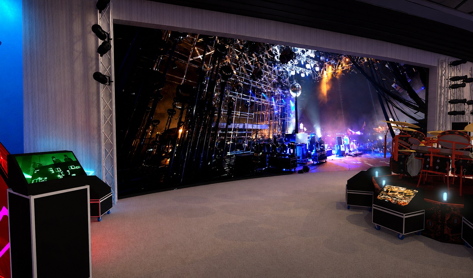 Rendering: a wide screen filling the end wall of the gallery showing a stadium stage under construction, with truss towers and road case displays flanking it